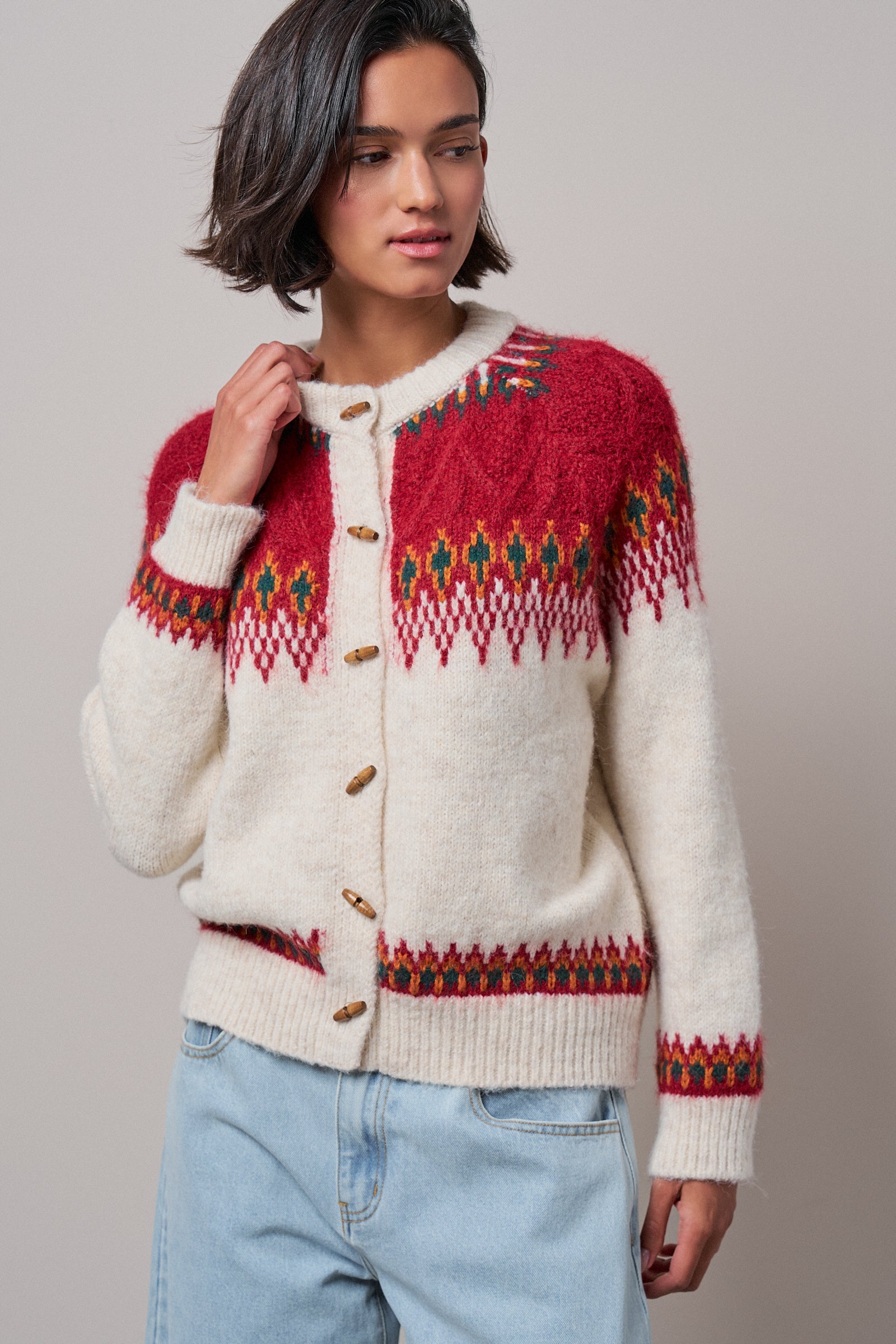 Nordic Pattern Wool Blend Toggle Cardigan