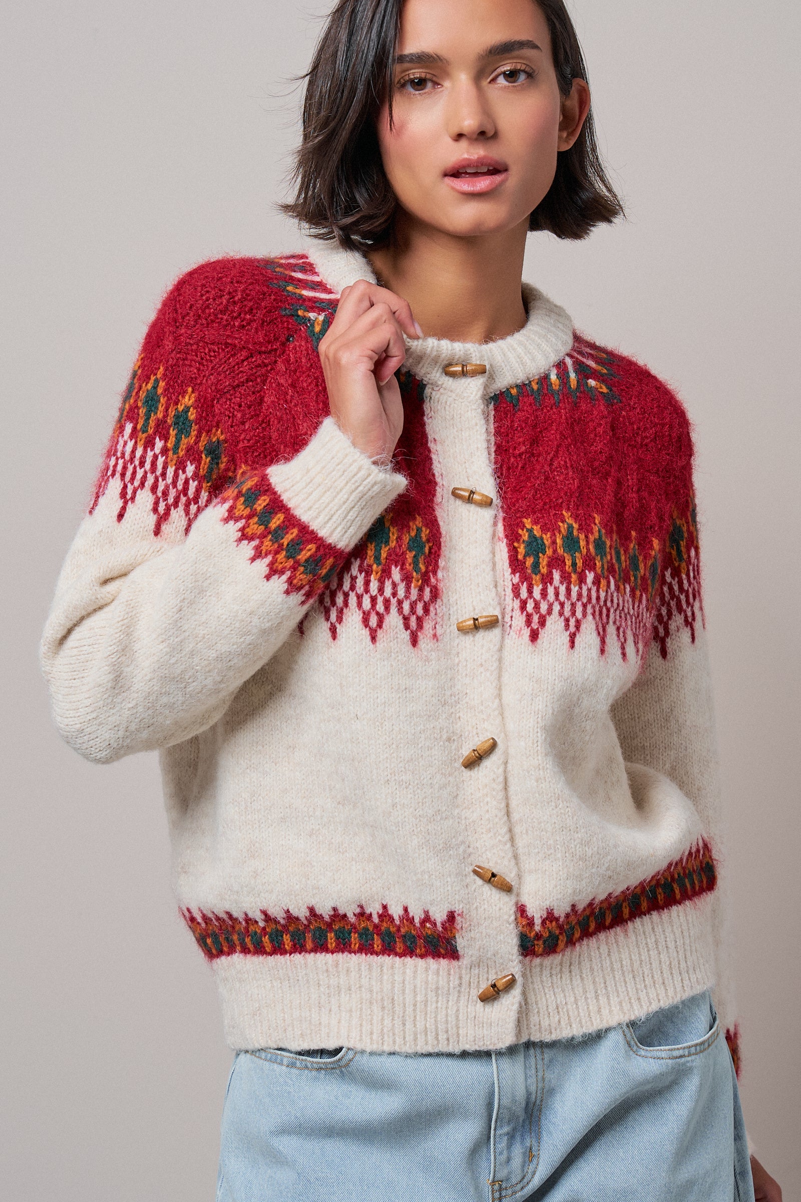 Nordic Pattern Wool Blend Toggle Cardigan