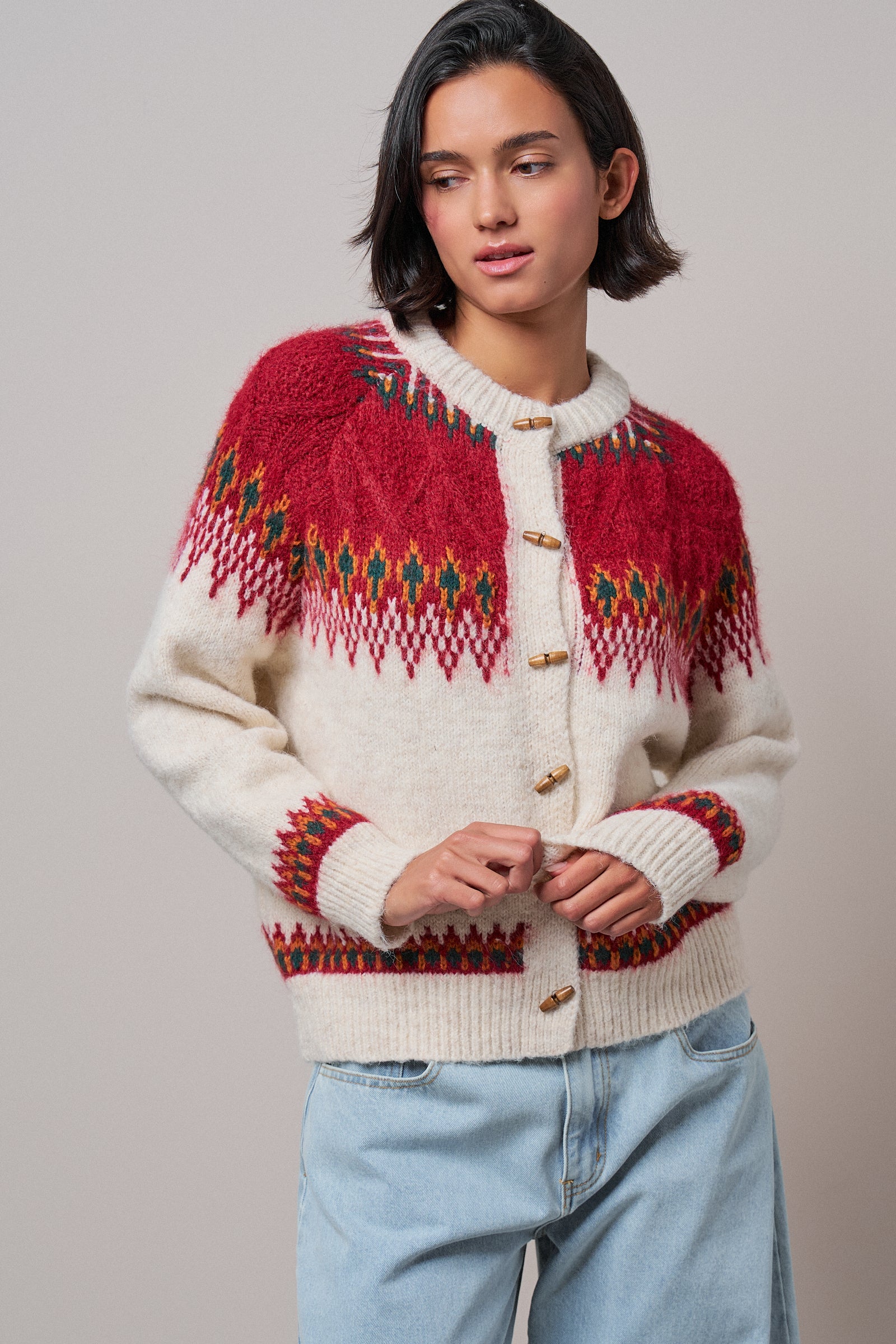 Nordic Pattern Wool Blend Toggle Cardigan