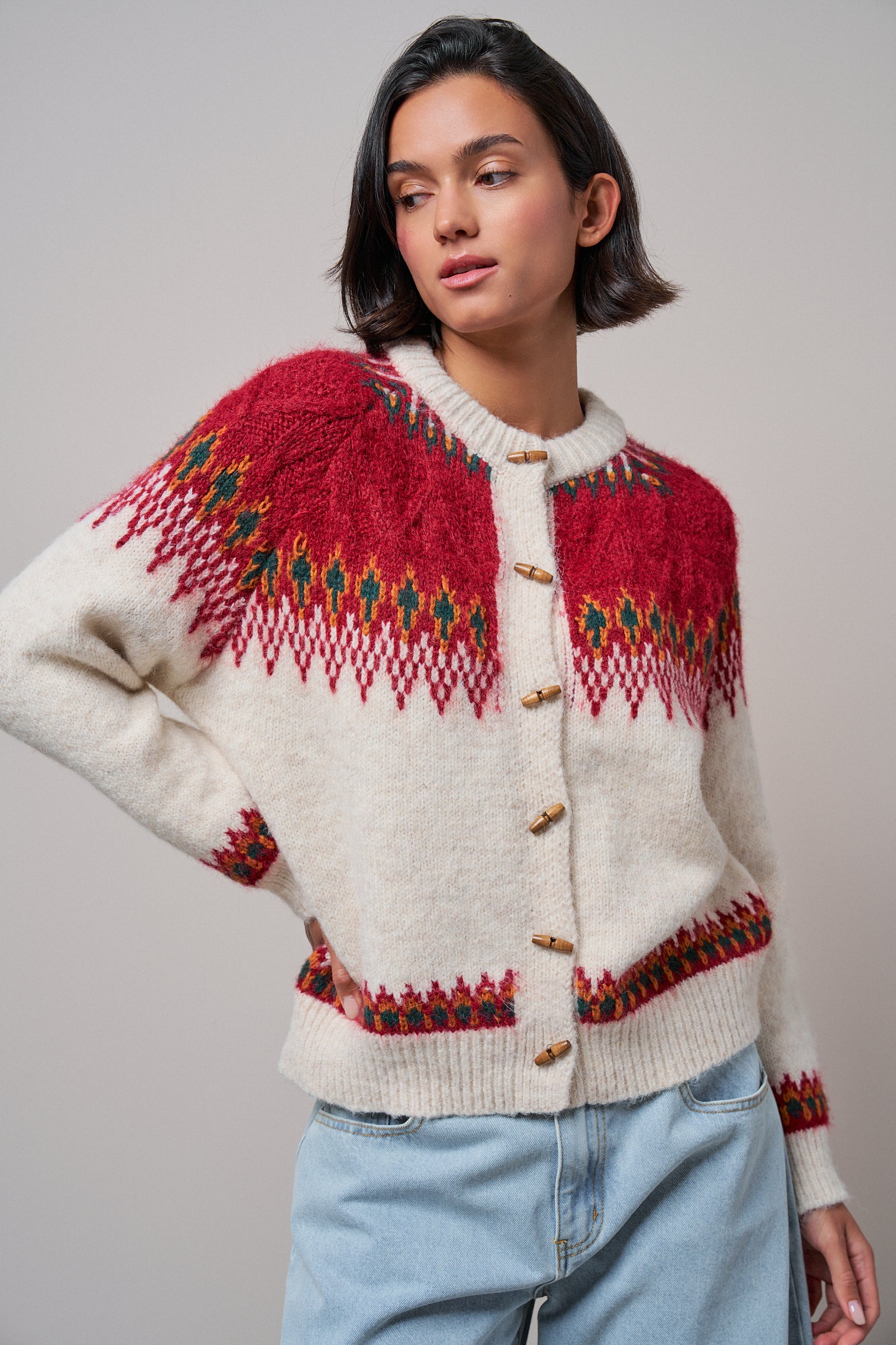 Nordic Pattern Wool Blend Toggle Cardigan