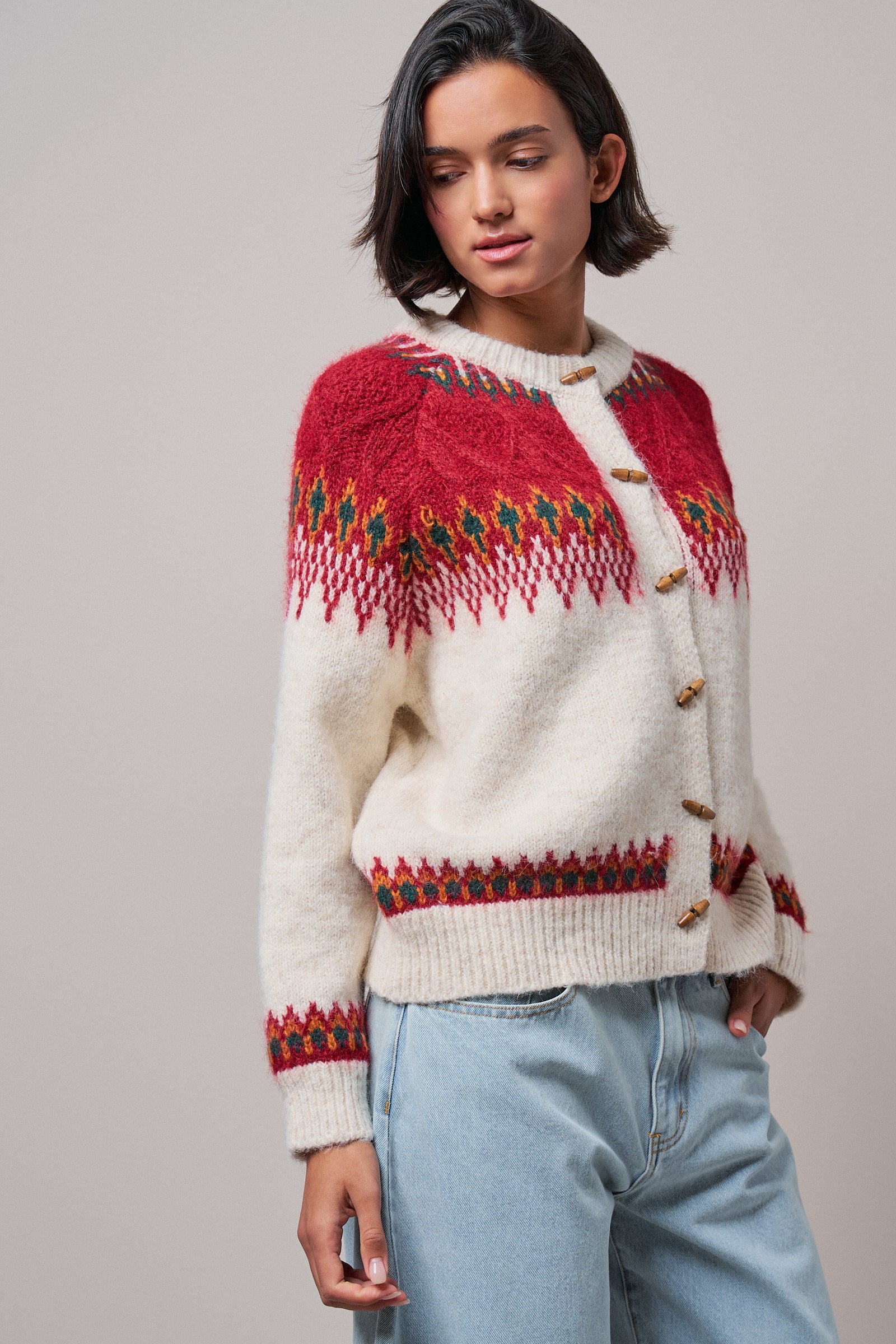 Nordic Pattern Wool Blend Toggle Cardigan