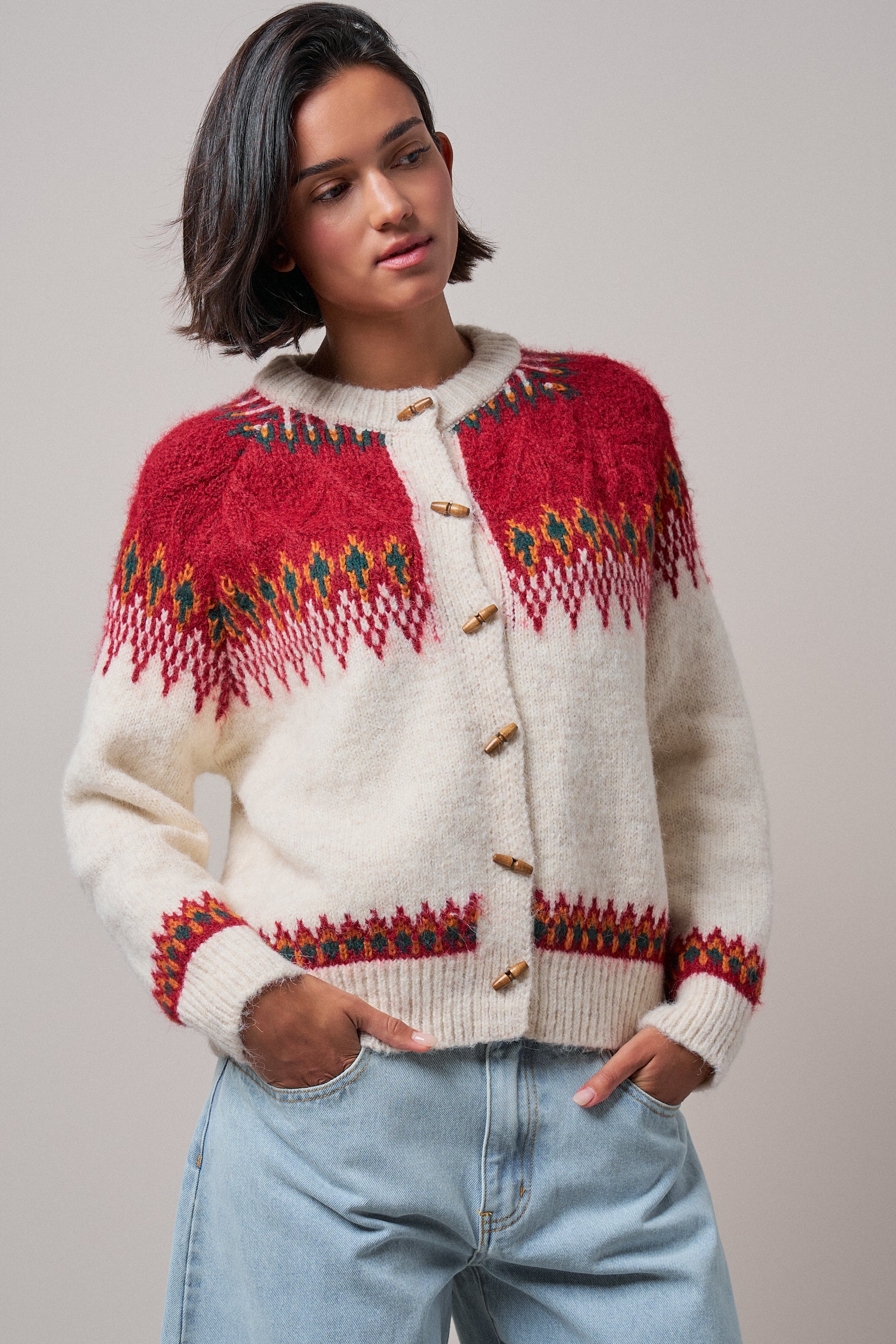 Nordic Pattern Wool Blend Toggle Cardigan