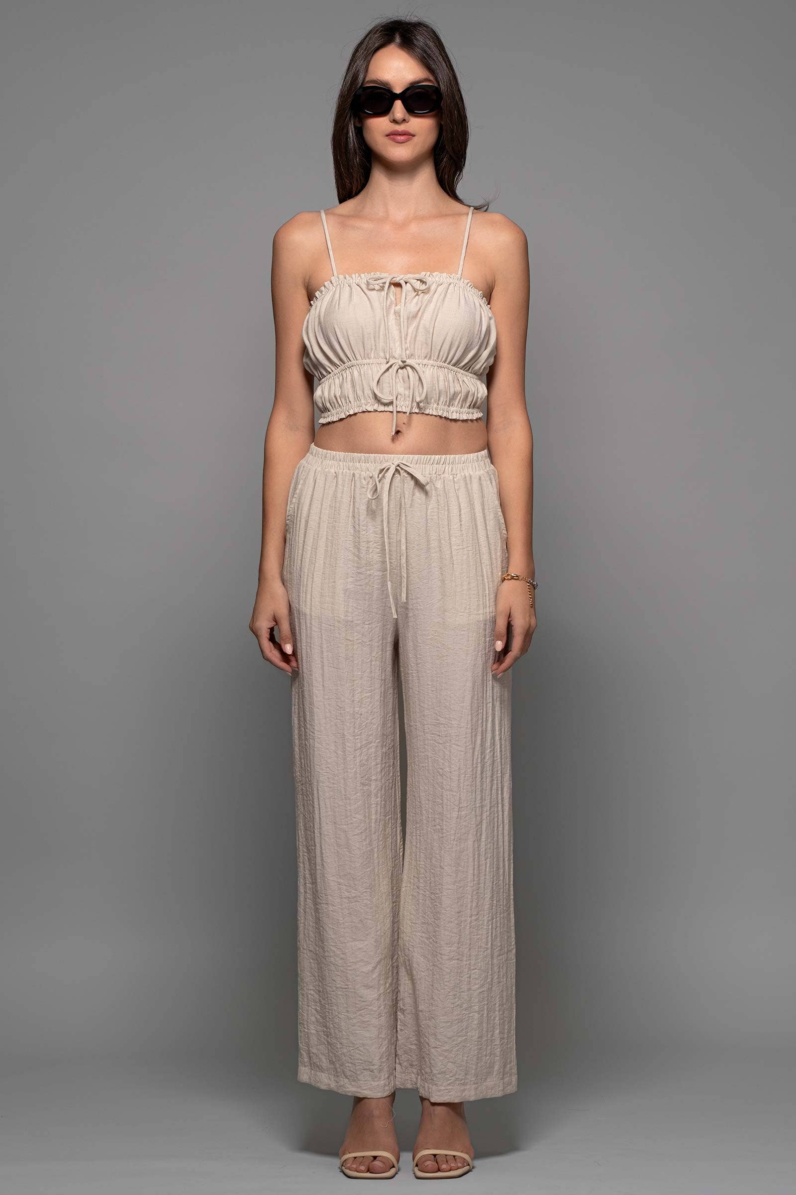 Linen-Blend Smocked Crop Top and Wide-Leg Pants Set