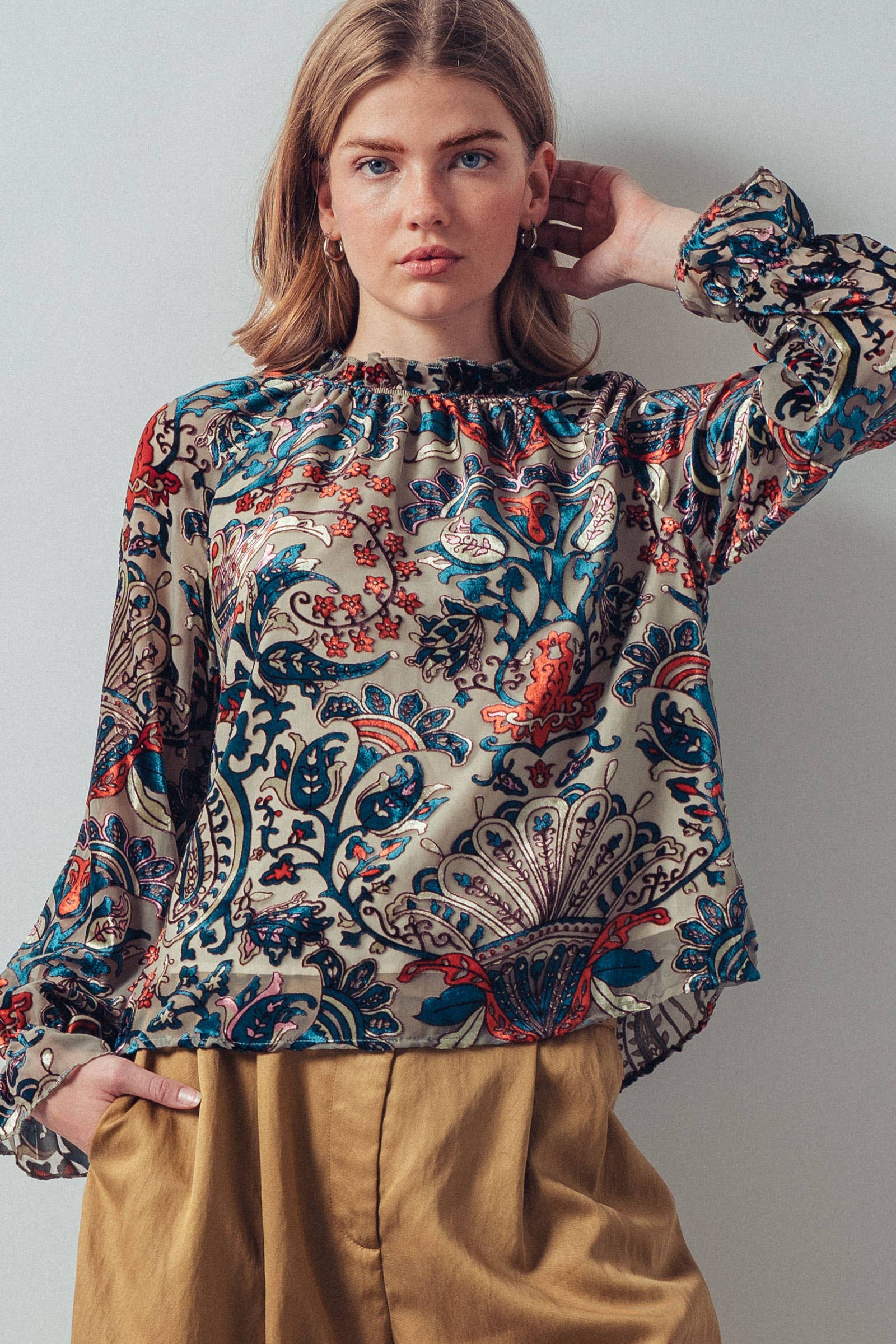 Burnout Velvet Smocked Mock Neck Blouse