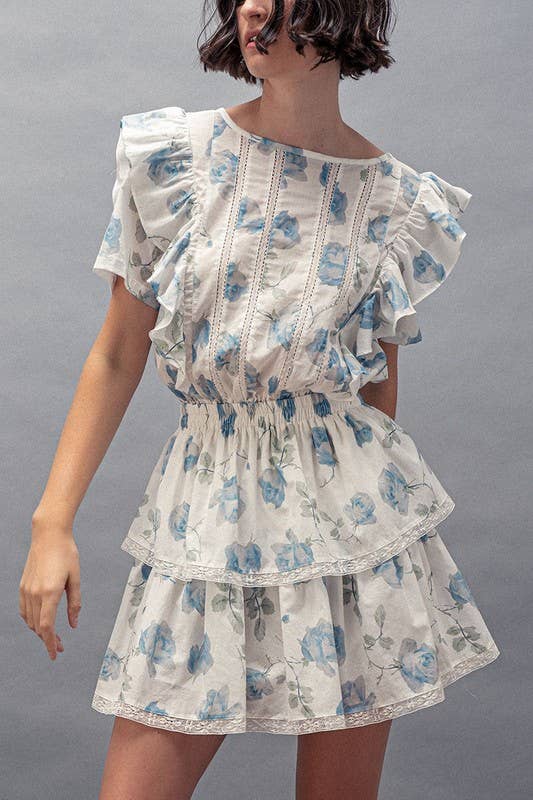 Urban Daizy White Blue Floral Ruffle Sleeve Tiered Mini Dress Ivory Dress - Women's (UDZ-AC-00158)