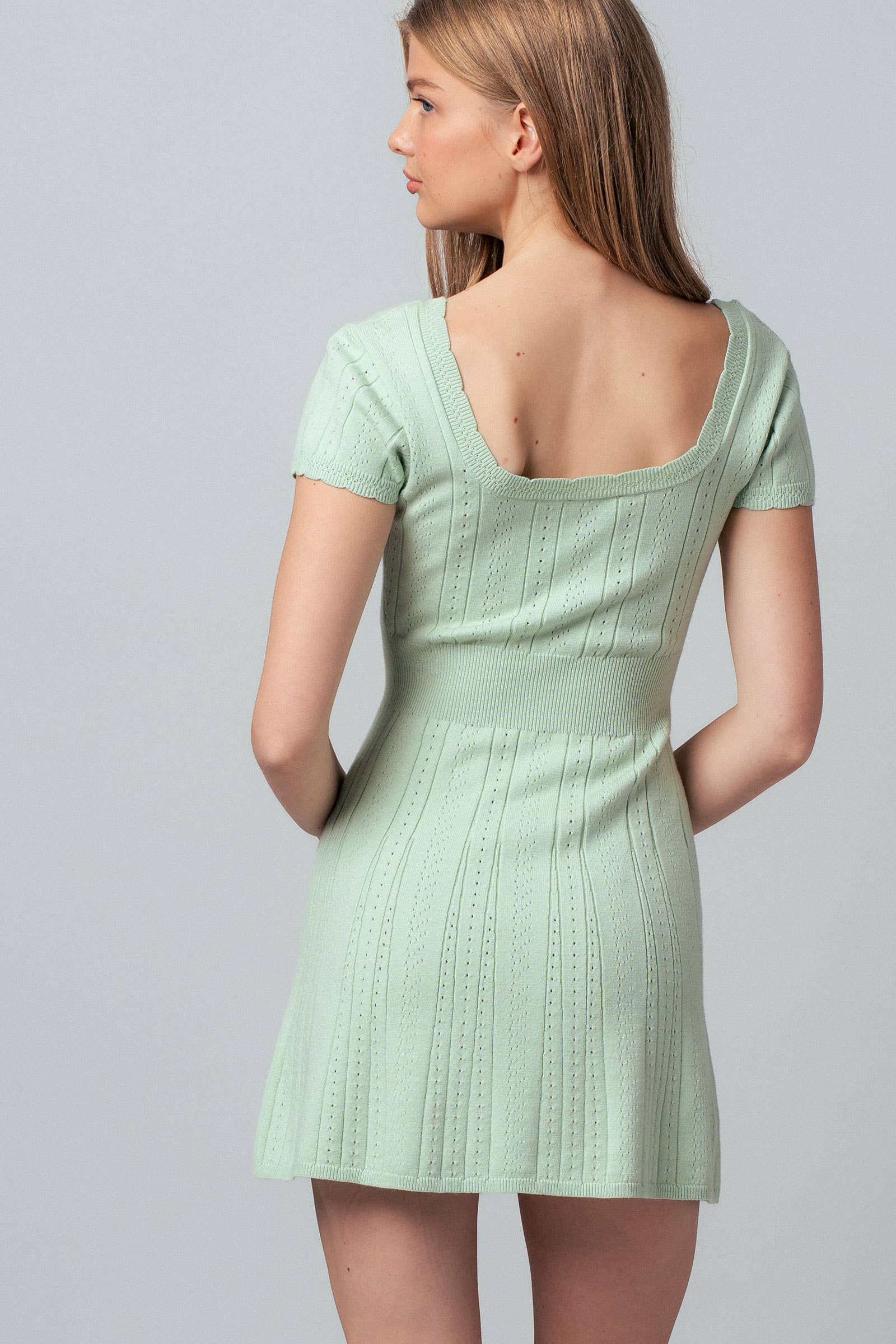 Pointelle Knit Square Neck Mini Dress