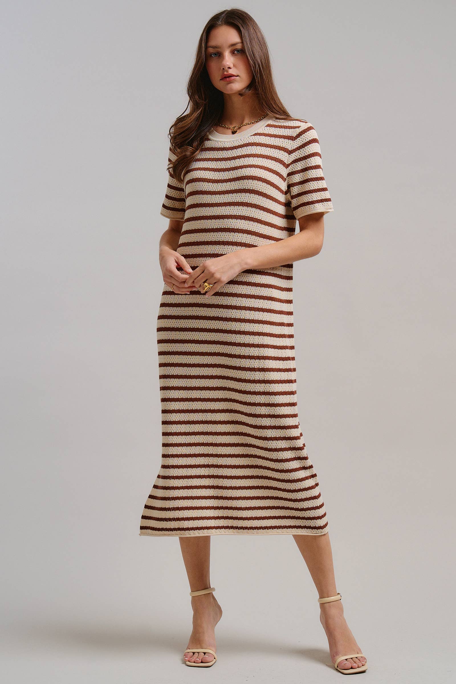 Striped Crochet Knit Short Sleeve Midi Dress