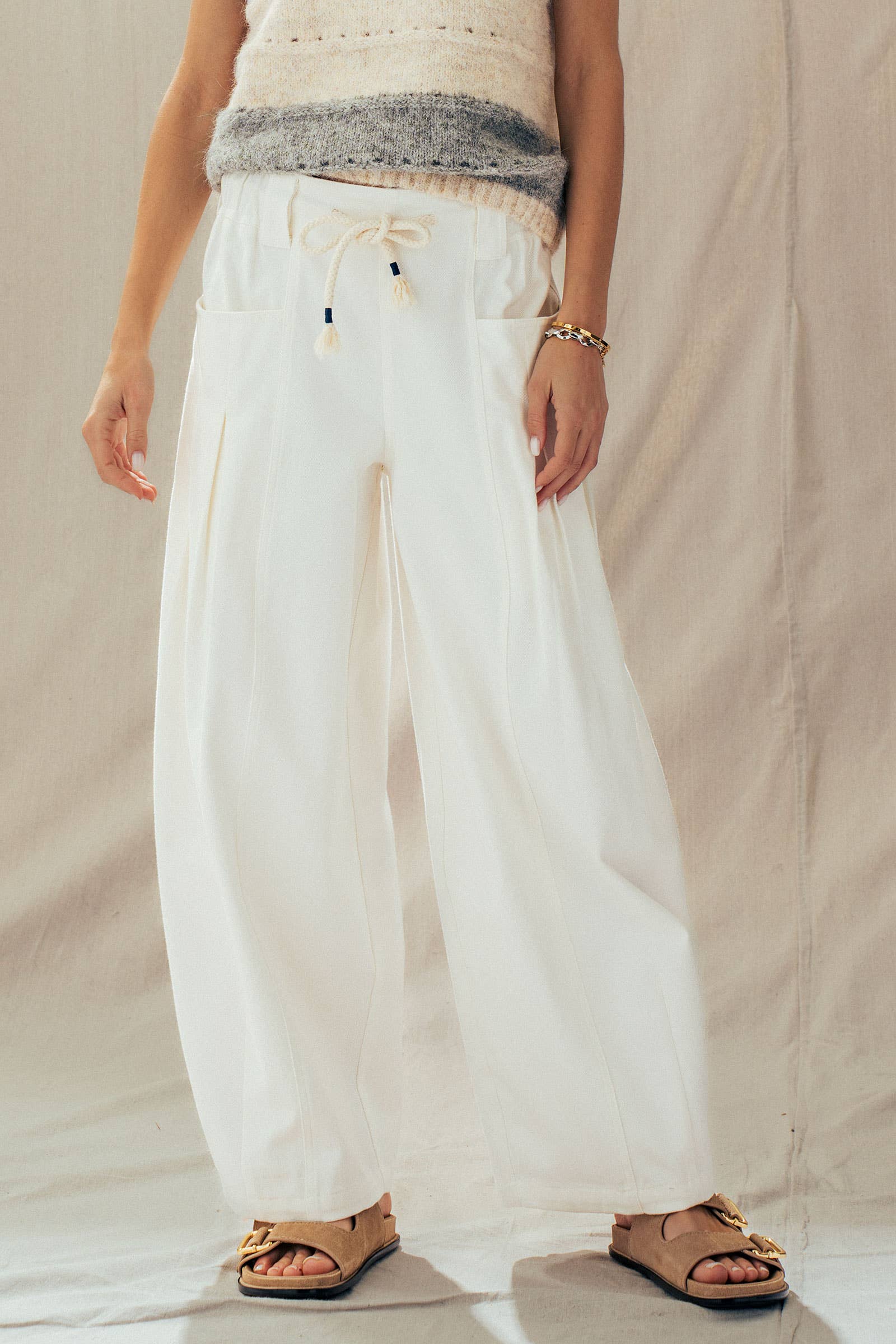 Urban Daizy Rope Drawstring Balloon Pants Pleated Front Brown-Stripe Pants - Women's (UDZ-PT-00481) – alternate view 27