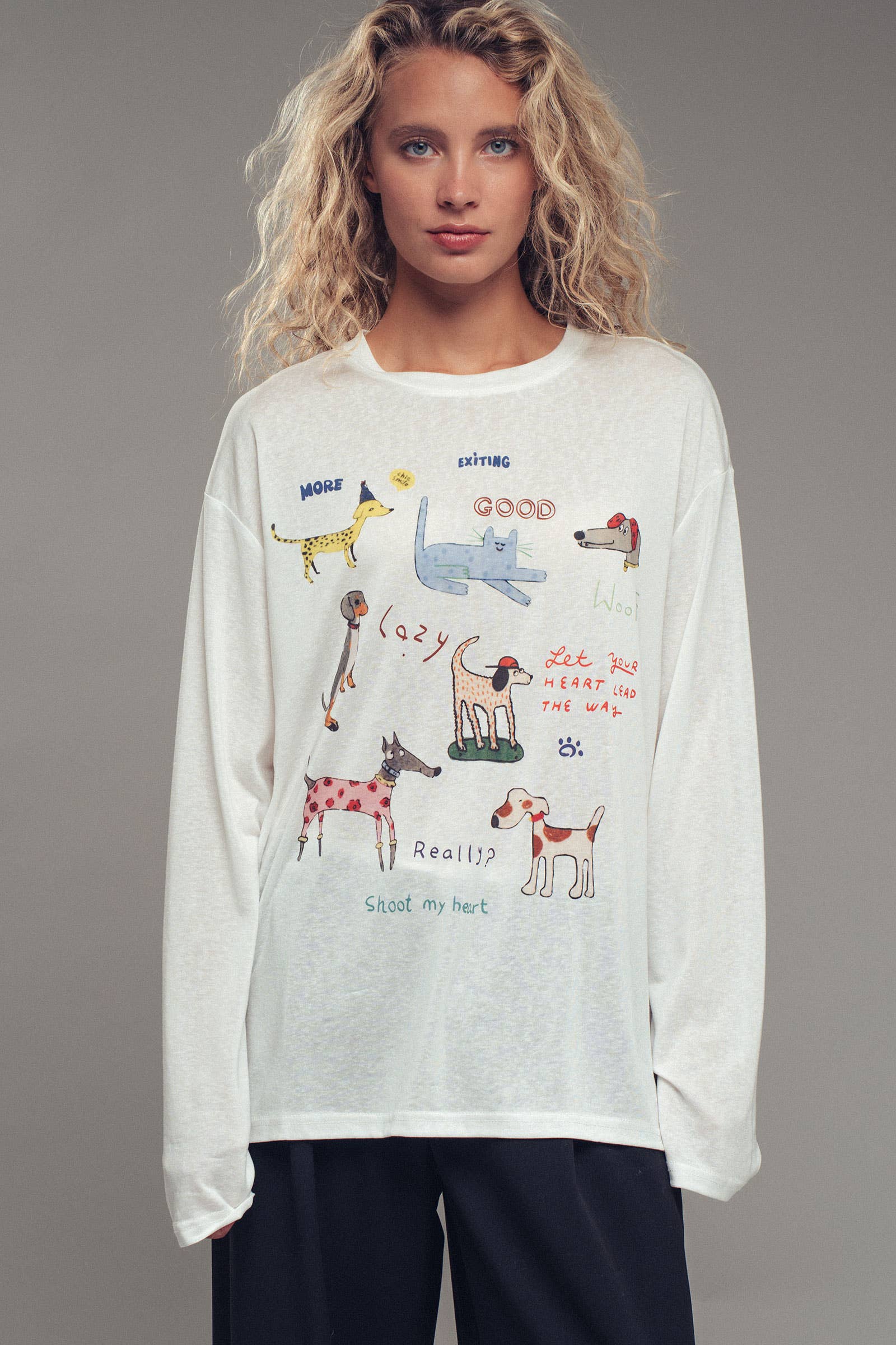 Whimsical Dog Graphic Long Sleeve Top
