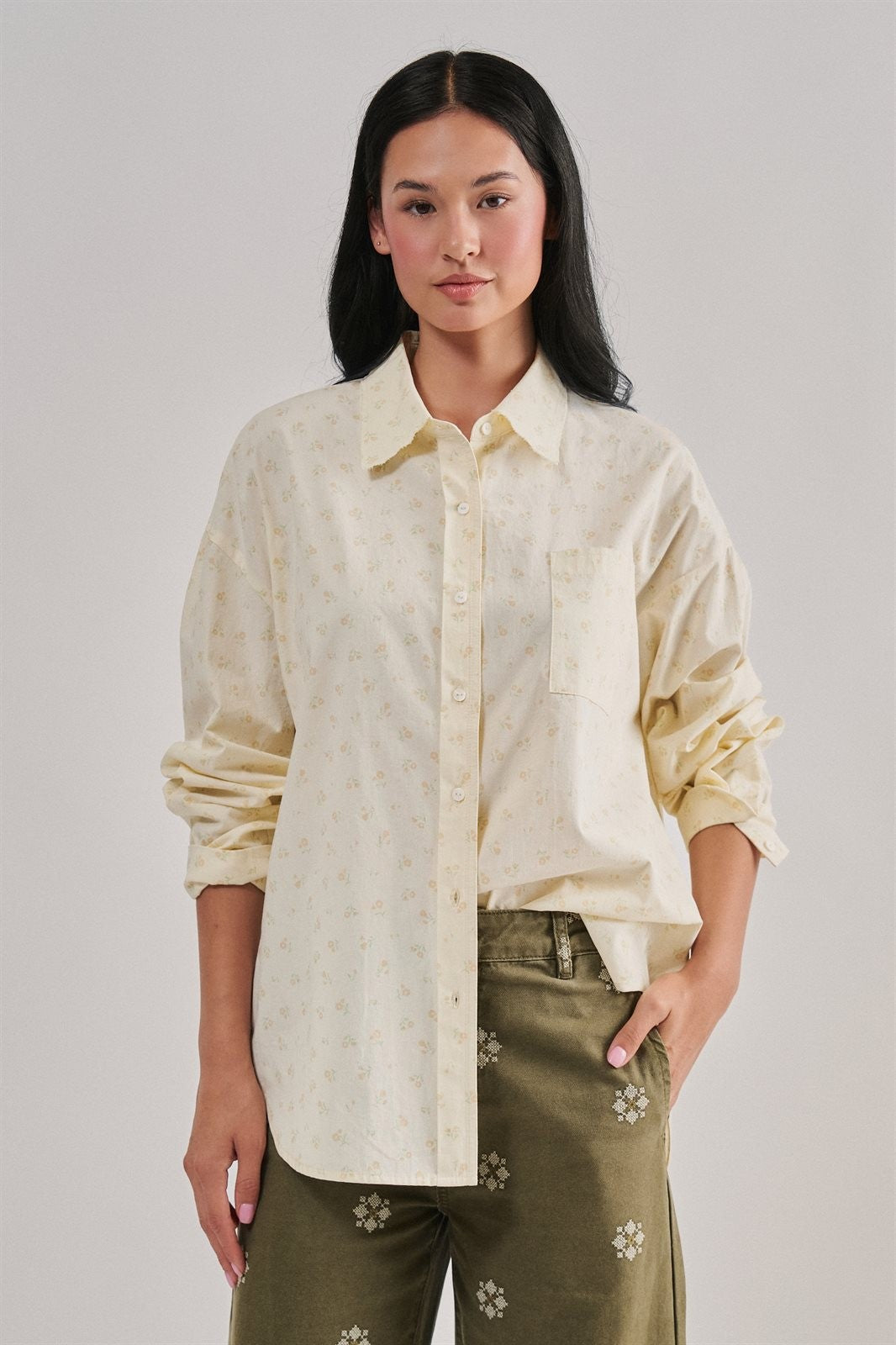 Soft Meadow Button-Down Shirt in CREAM - Women's Shirts & Blouses | Urban Daizy