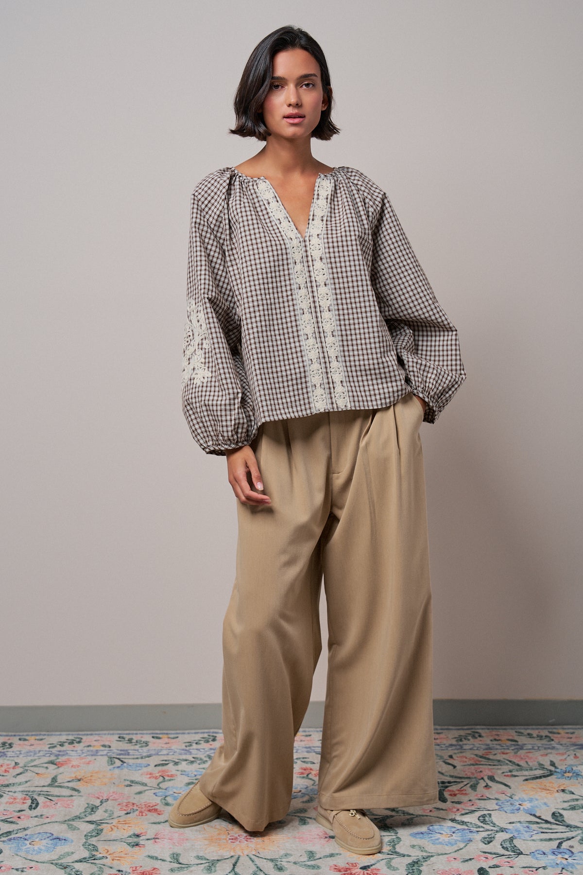 Plaid Lace Trim Peasant Blouse with Puff Sleeves