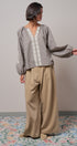 Plaid Lace Trim Peasant Blouse with Puff Sleeves