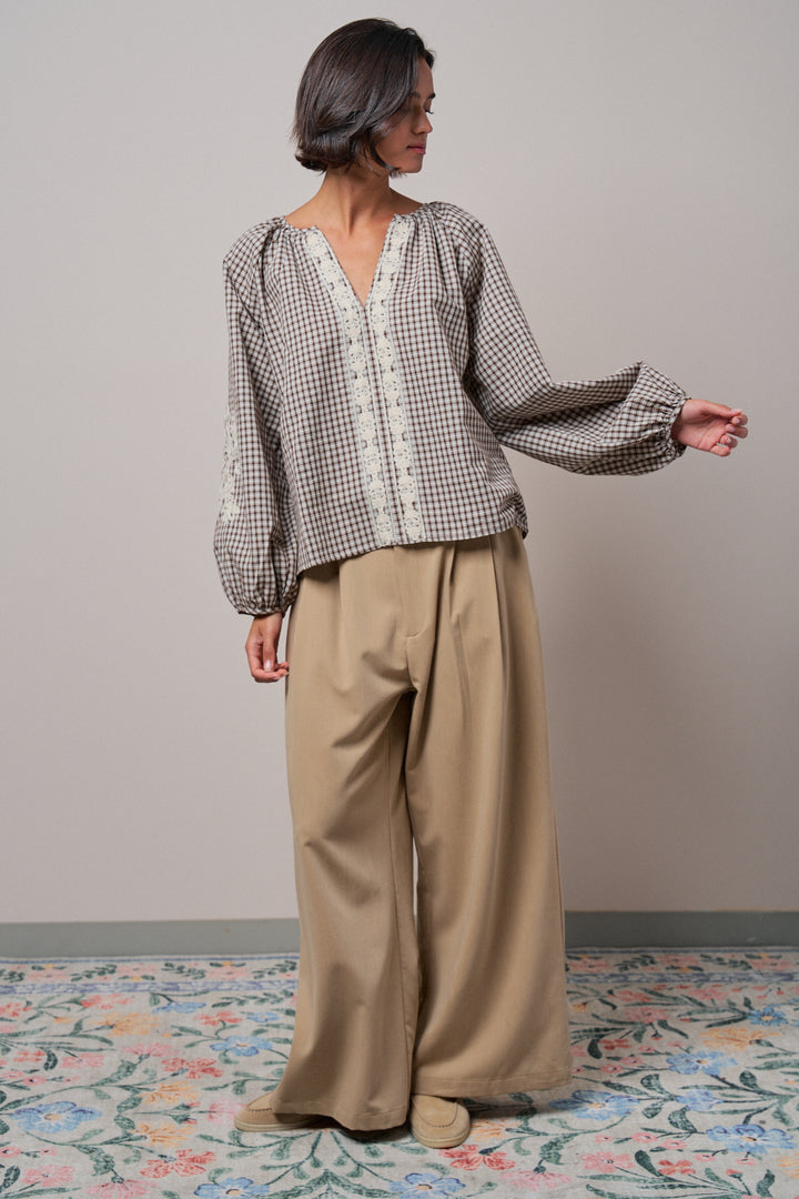 Plaid Lace Trim Peasant Blouse with Puff Sleeves