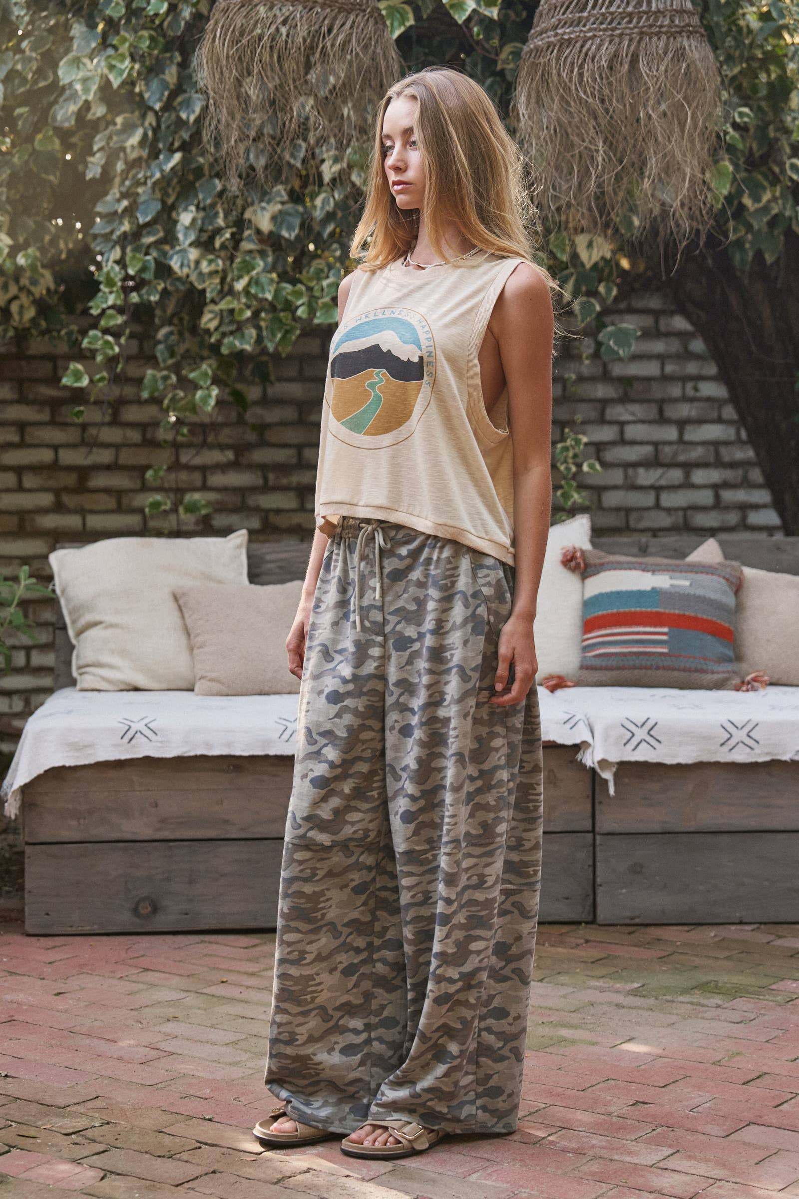 Camo Print Wide Leg Cargo Sweatpants