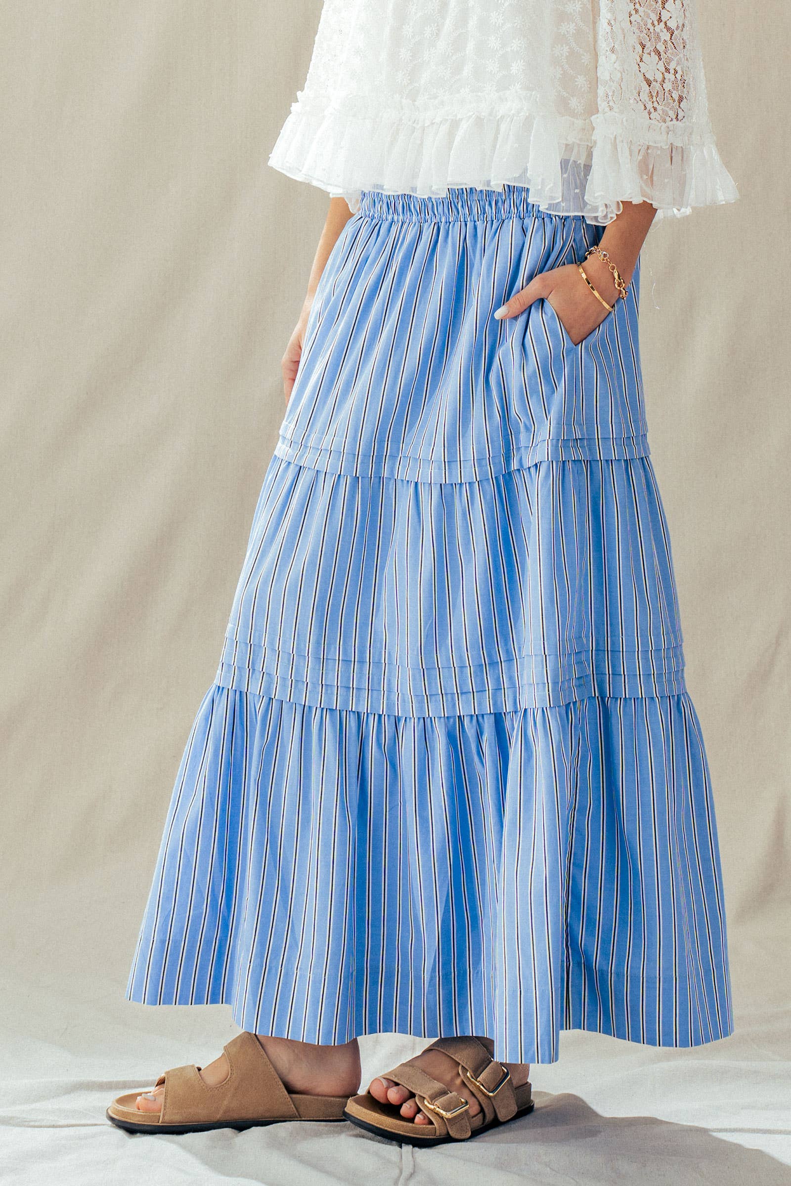Striped Cotton Tiered Smocked Maxi Skirt