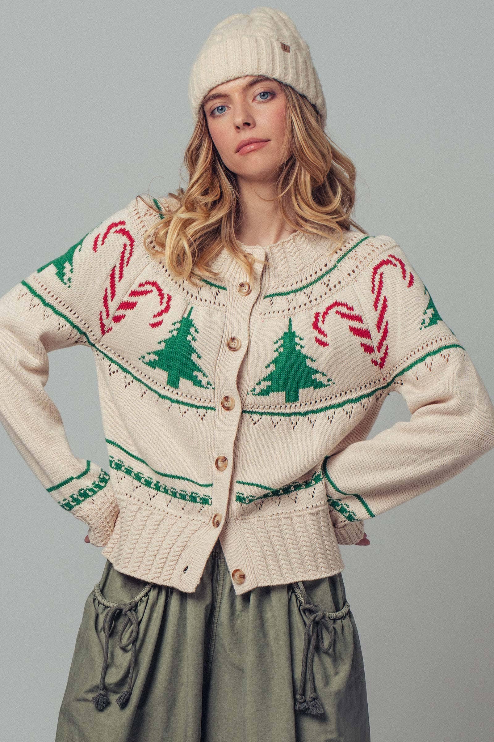 Urban Daizy Graphic Knit Eyelit Tier Button-Front Cardigan Ivory Cardigan - Women's (UDZ-KN-00150) – alternate view 4