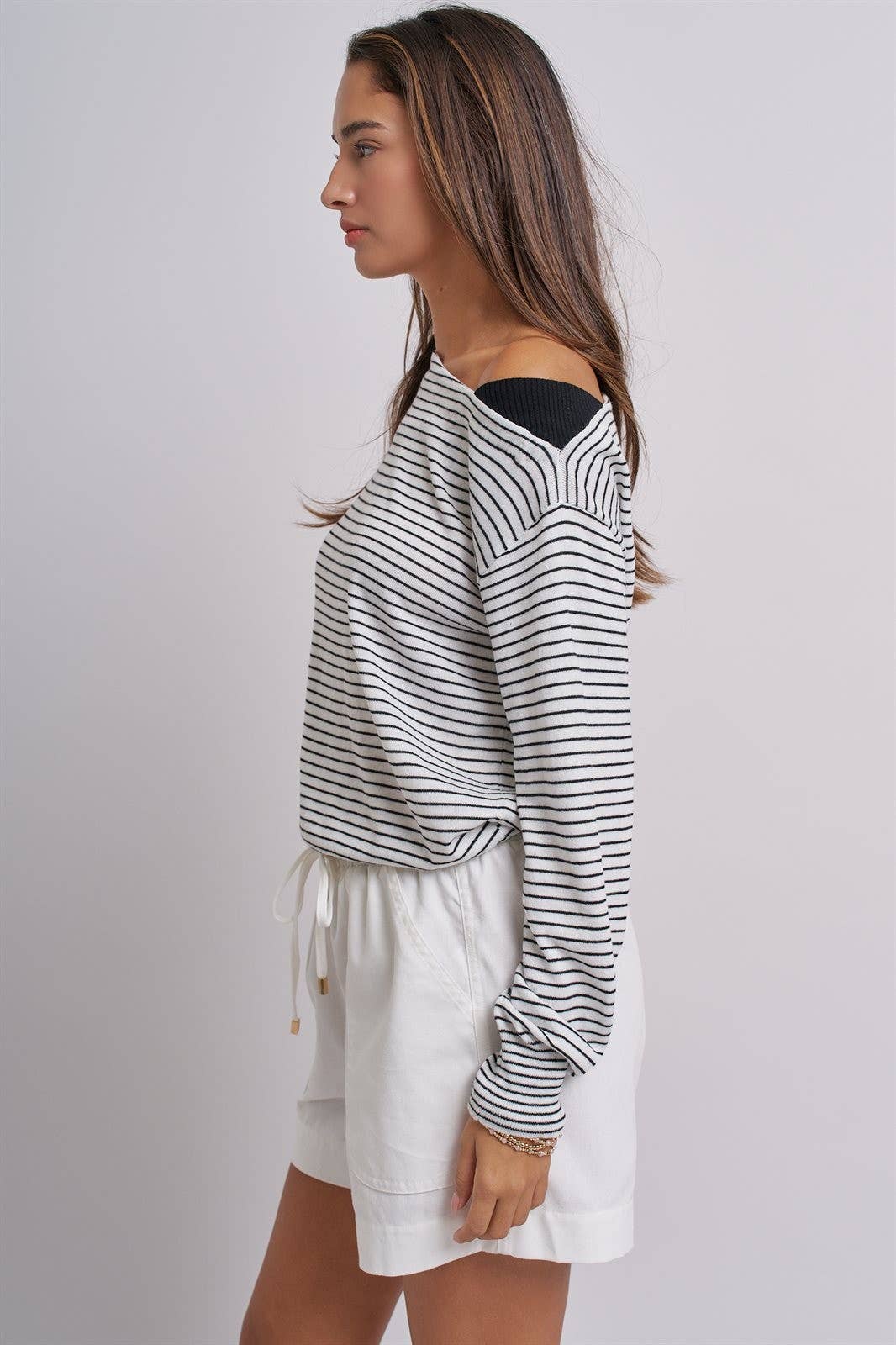 Urban Daizy Asymmetrical Striped One-Shoulder Top Ivory-Black Knit Top - Women's (UDZ-TP-01085-Ivory-Black) – alternate view 5