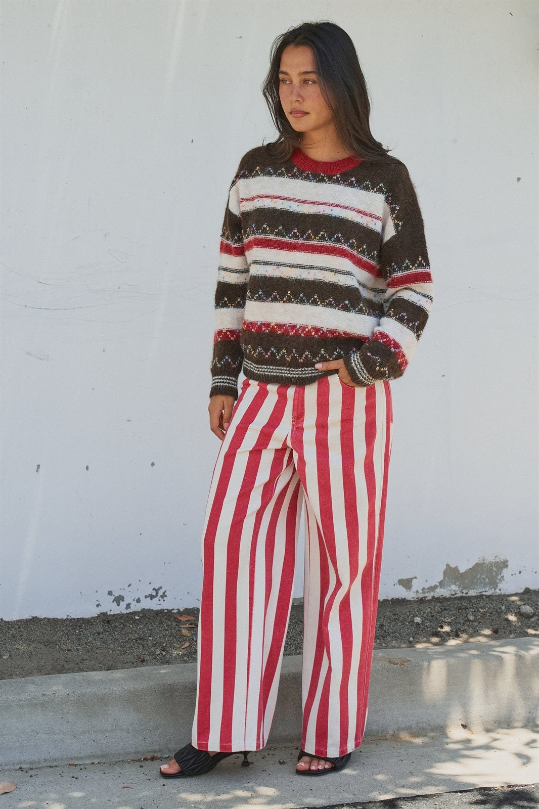 Multicolor Stripe Fair Isle Fuzzy Knit Sweater in BROWN - Women's Sweaters | Urban Daizy