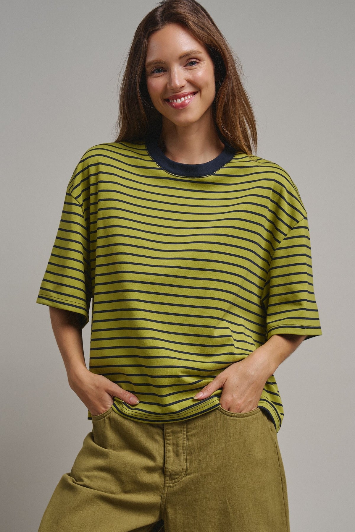 Oversized Striped Contrast Neck Boxy Tee