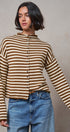 Striped Polo Collar Button Sweater with Rolled Edges in IVORY BROWN - Women's Cardigans & Shrugs | Urban Daizy