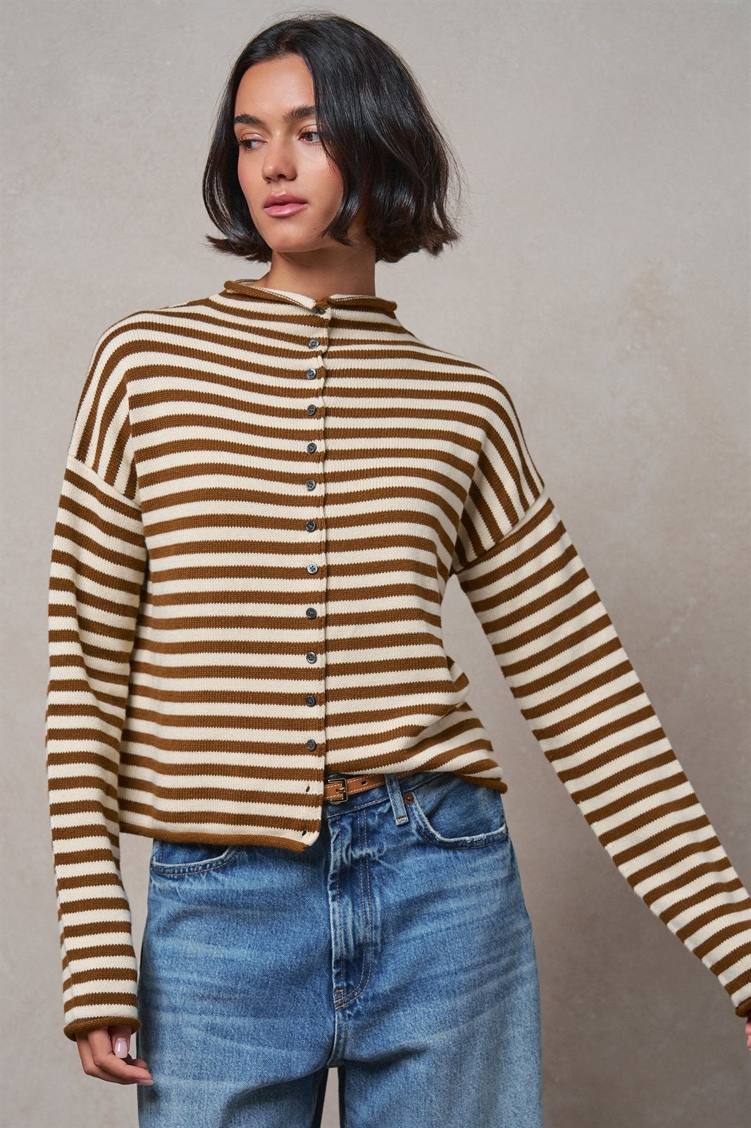 Striped Polo Collar Button Sweater with Rolled Edges in IVORY BROWN - Women's Cardigans & Shrugs | Urban Daizy