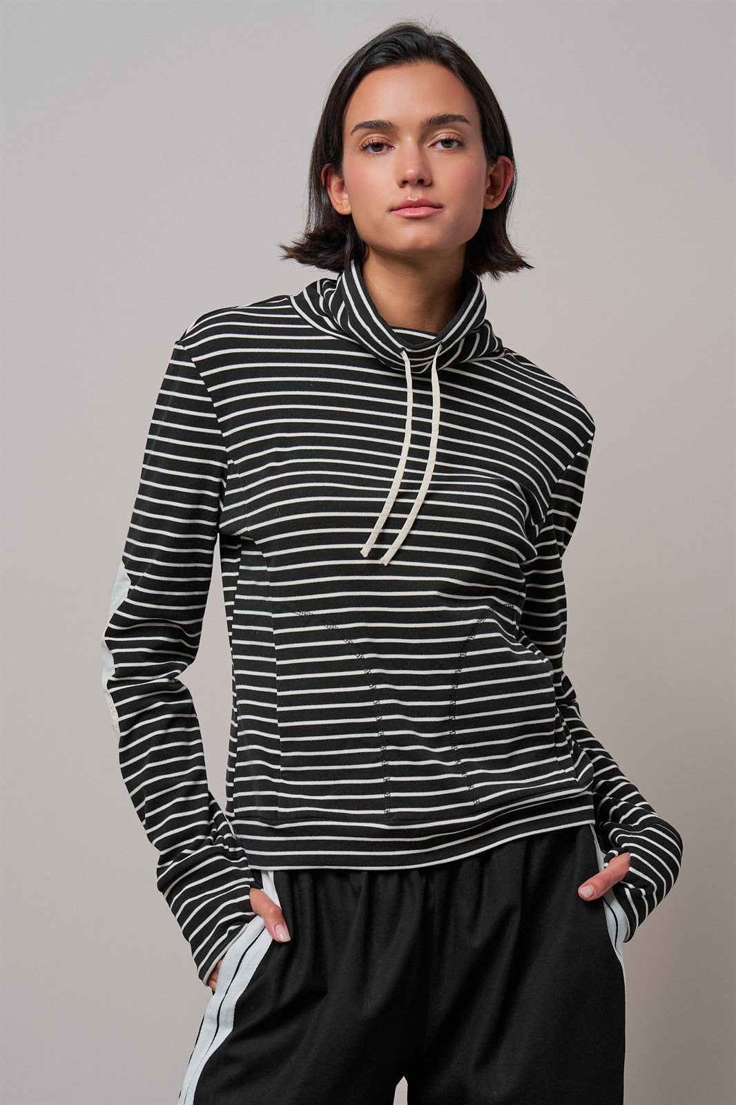 Striped Cowl Neck Drawstring Pullover Sweatshirt in BLACK - Women's Sweatshirts & Hoodies | Urban Daizy