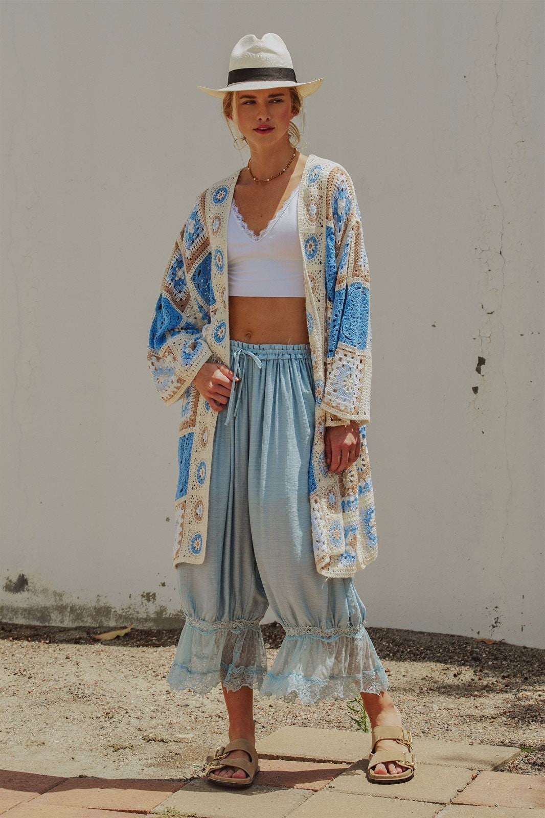 Boho Lace Trim Summer Linen Pants in BLUE - Women's Pants | Urban Daizy