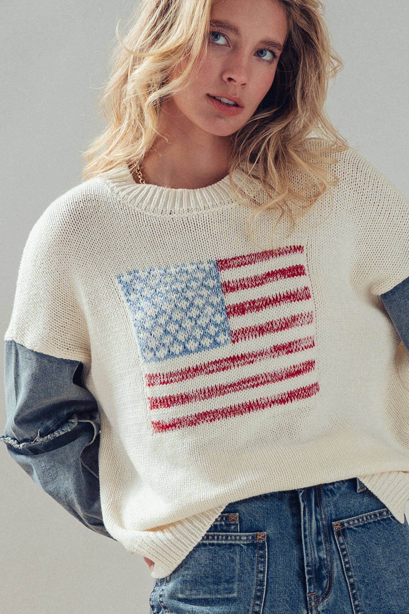 American Flag Mixed Media Denim Sleeve Sweater