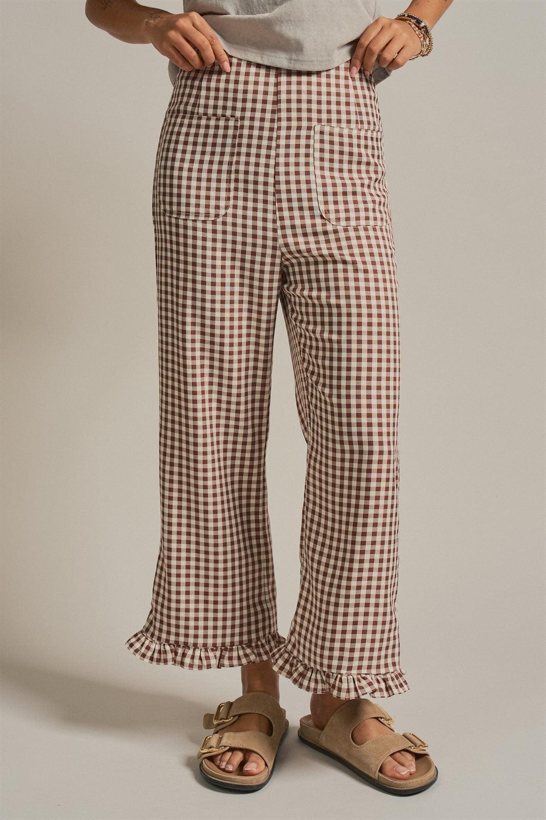 Gingham Ruffle Hem Cropped Wide Leg Pants in Brown in BROWN - Women's Casual Pants | Urban Daizy