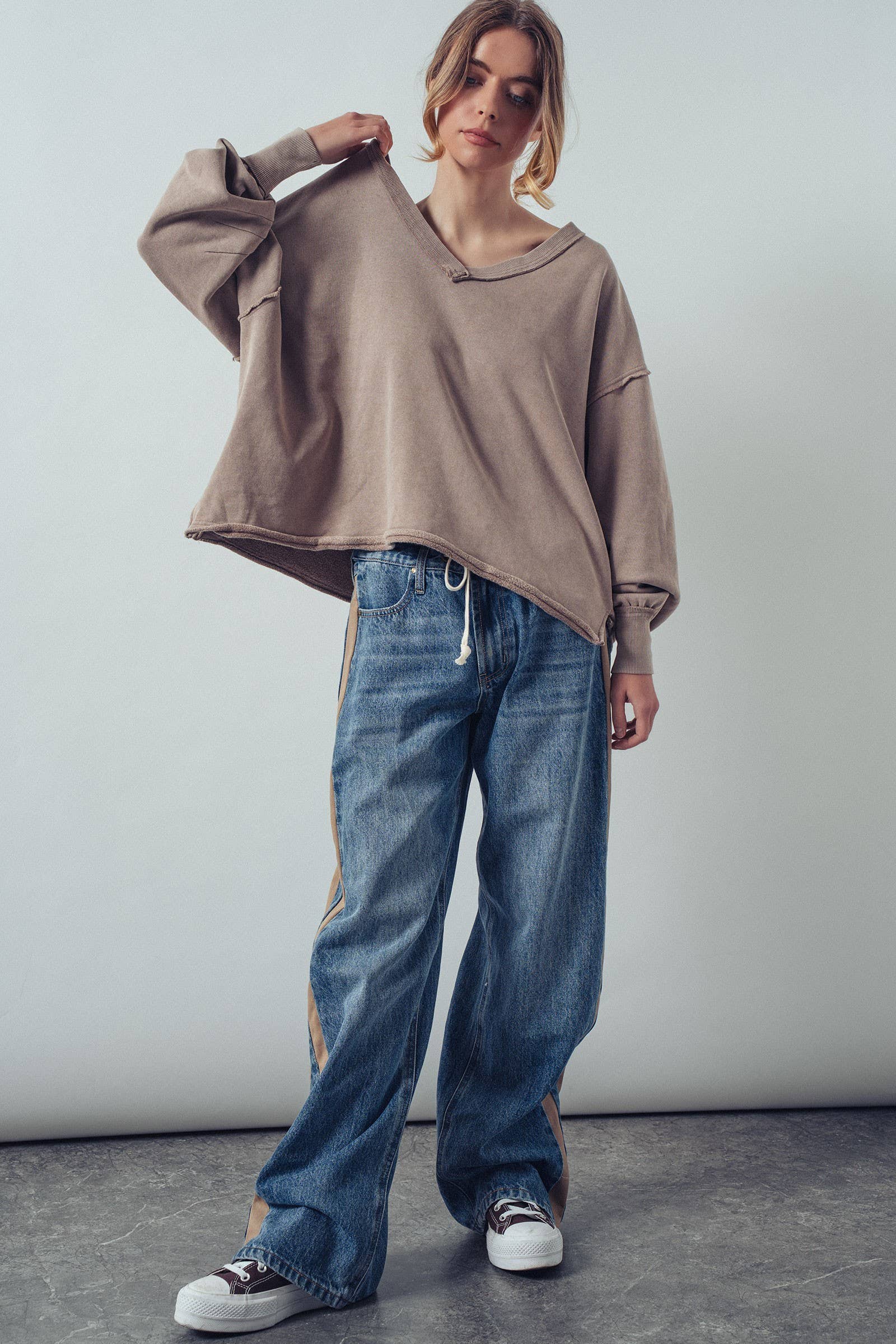 Raw Edge V-Neck Oversized Sweatshirt