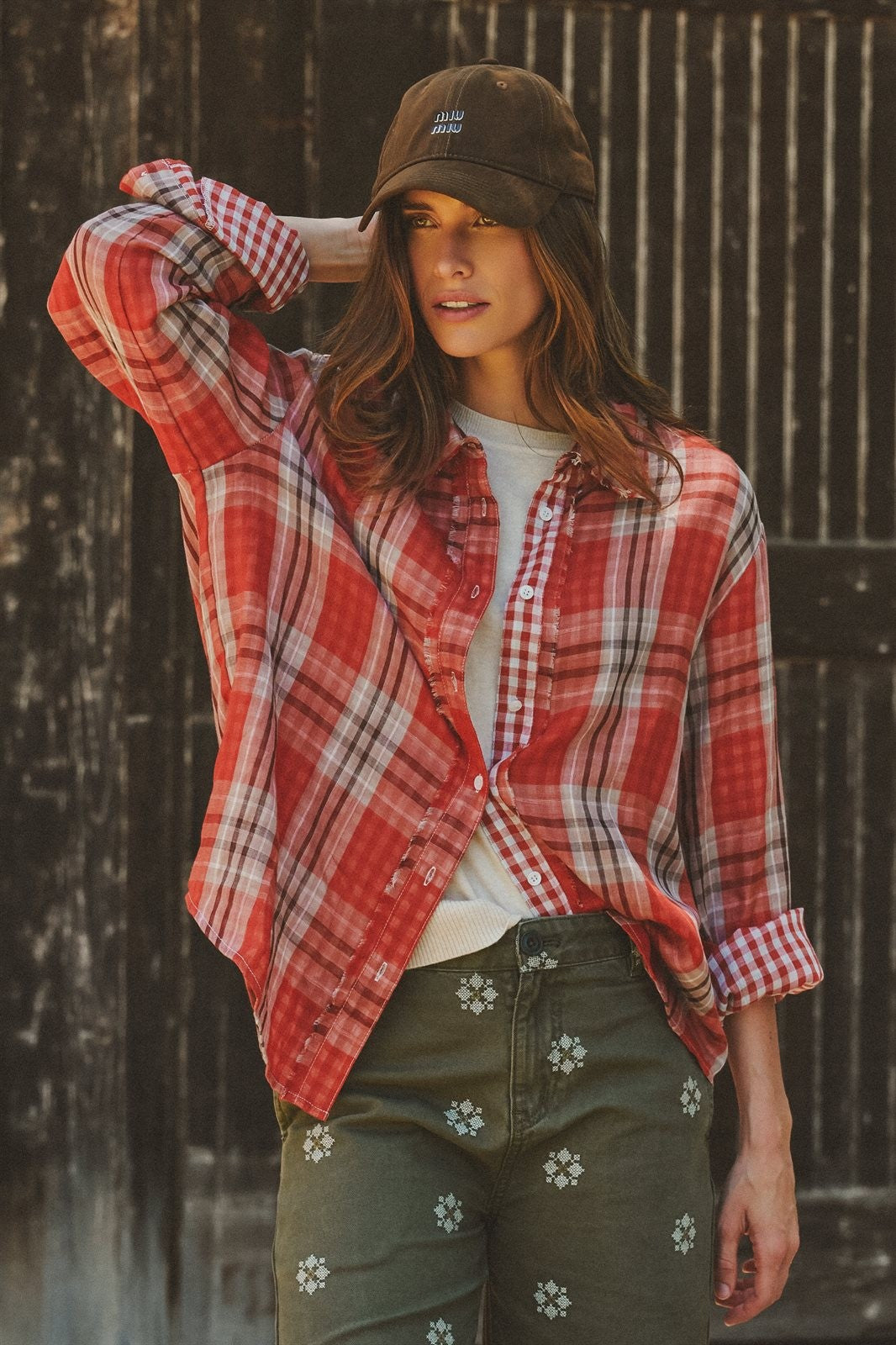 Oversized Plaid Cotton Button-Down Shirt in RUST - Women's Shirts & Blouses | Urban Daizy
