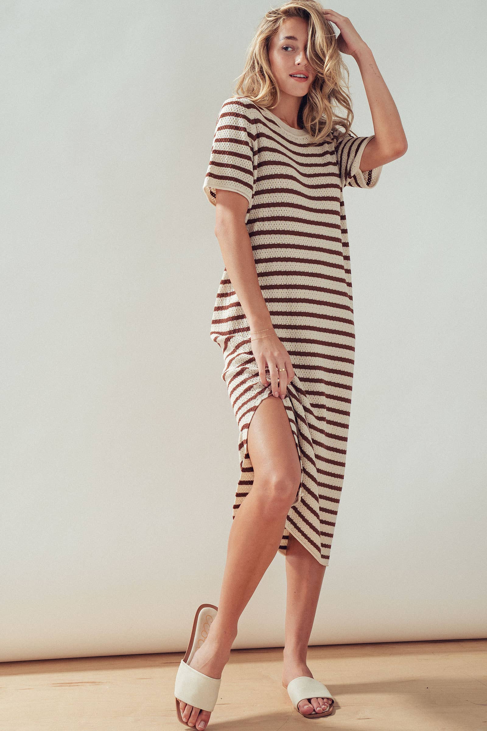 Striped Crochet Knit Short Sleeve Midi Dress