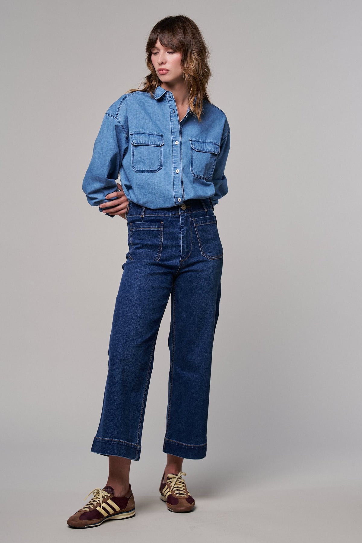 High Waist Wide Leg Denim with Patch Pockets in DENIM - Women's Casual Pants | Urban Daizy