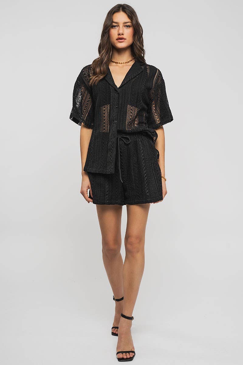 Urban Daizy Open Knit Button-Down Oversized Shirt Black Button Down Shirt - Women's (UDZ-TP-00111) – alternate view 12