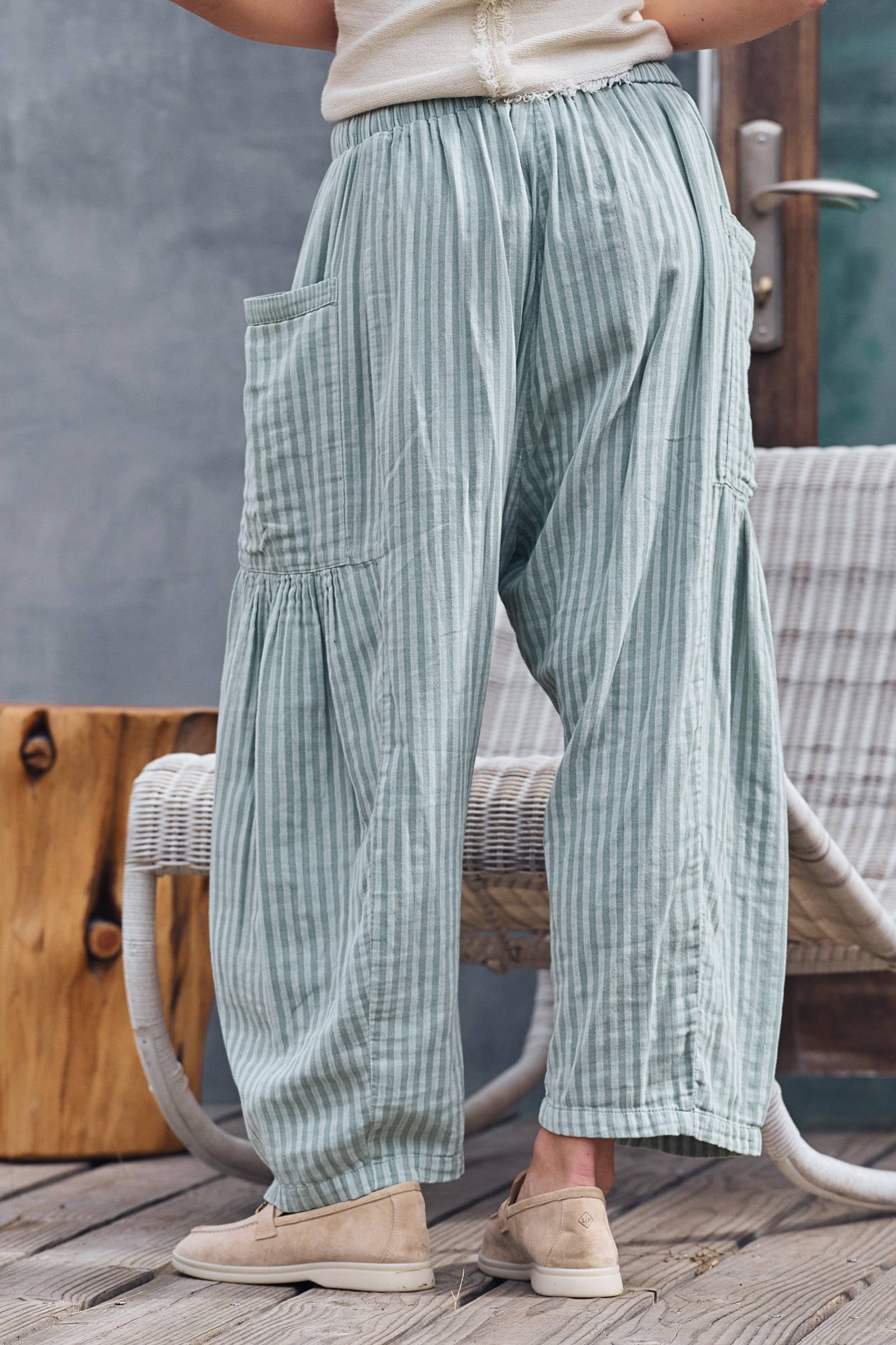 Striped Cotton Drawstring Harem Pants