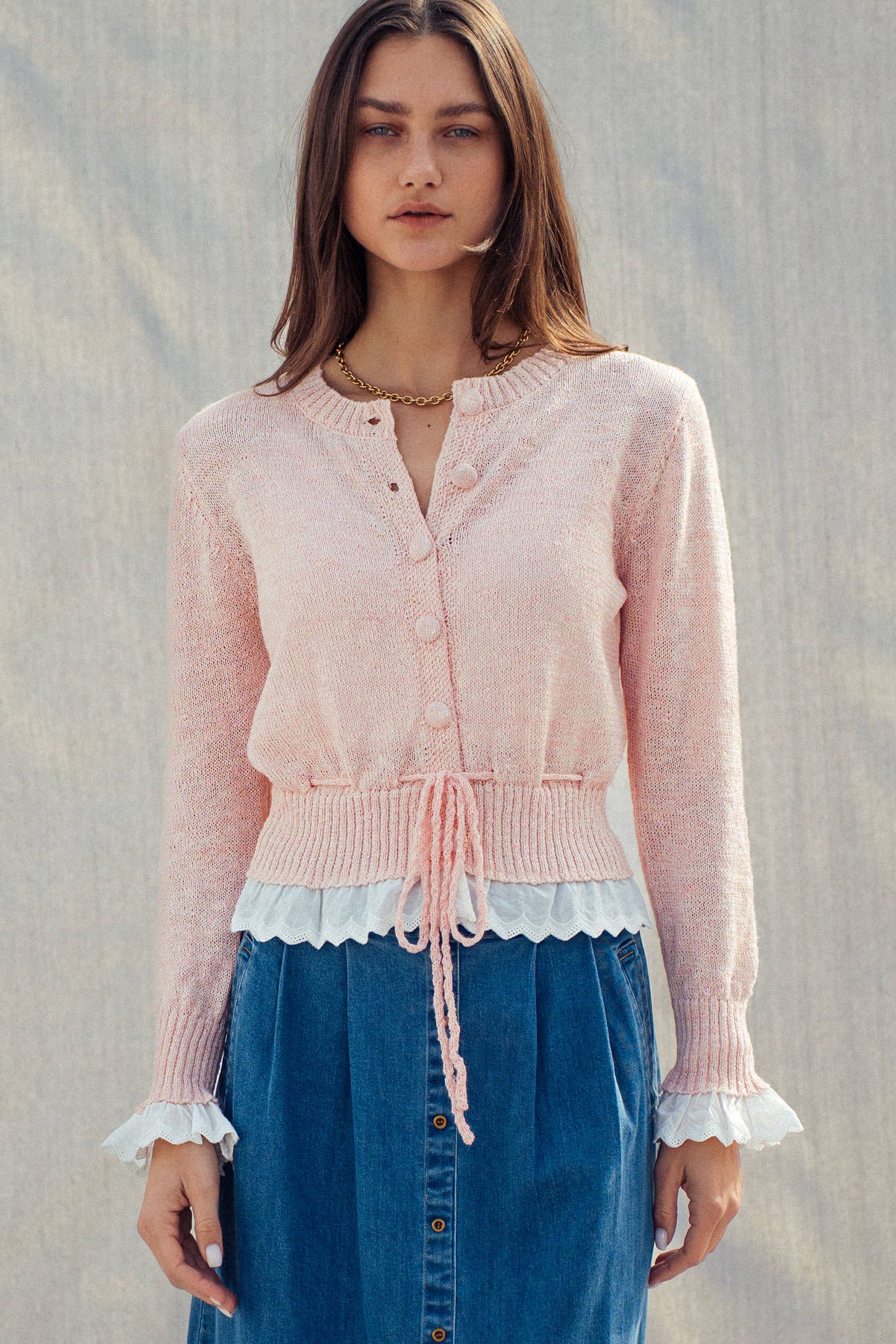 Eyelet Trim Peplum Drawstring Cardigan