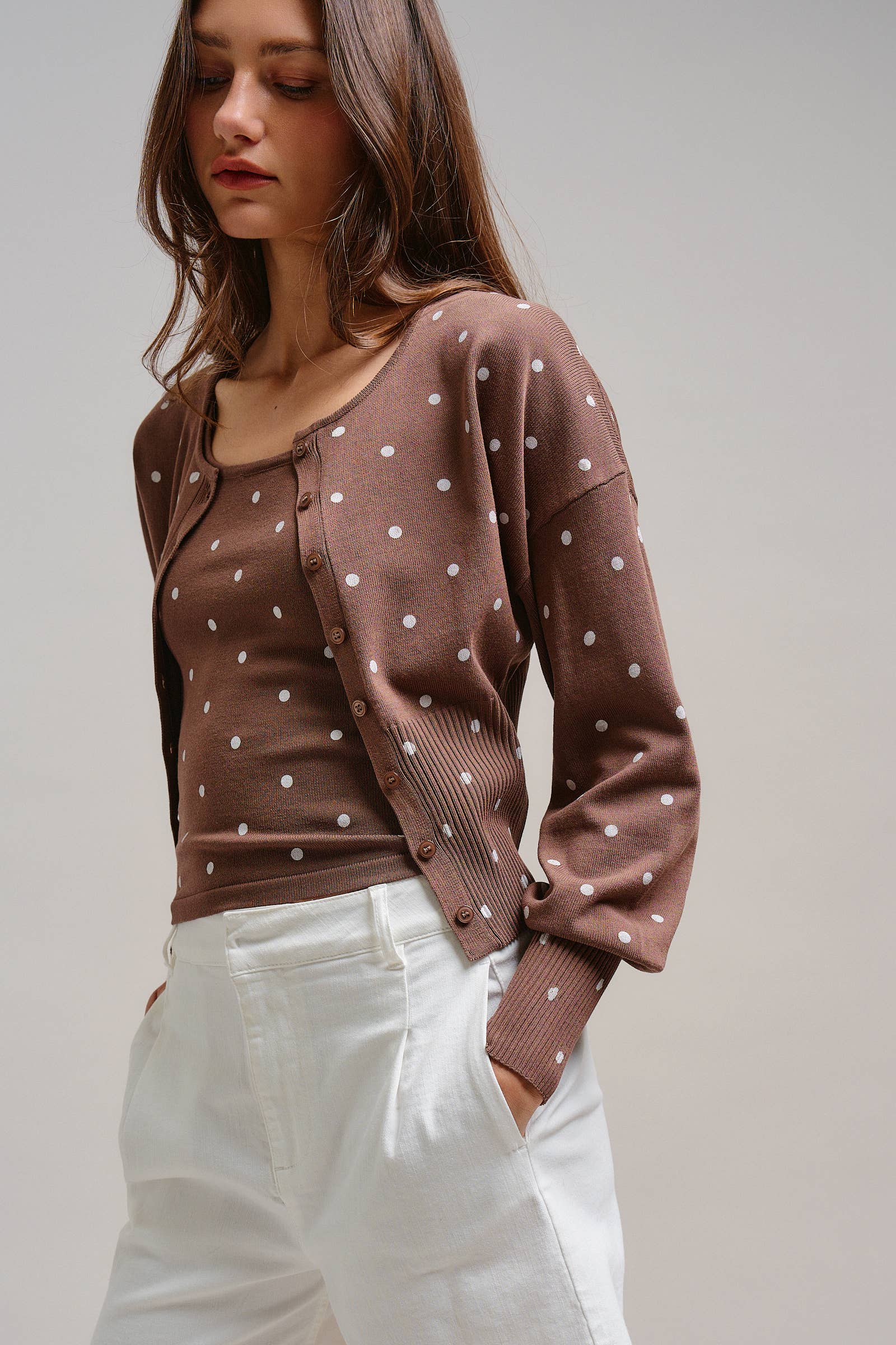 Urban Daizy Polka Dot Button-Front Cardigan MOCHA Cardigan - Women's (TNOW1380-MOCHA) – alternate view