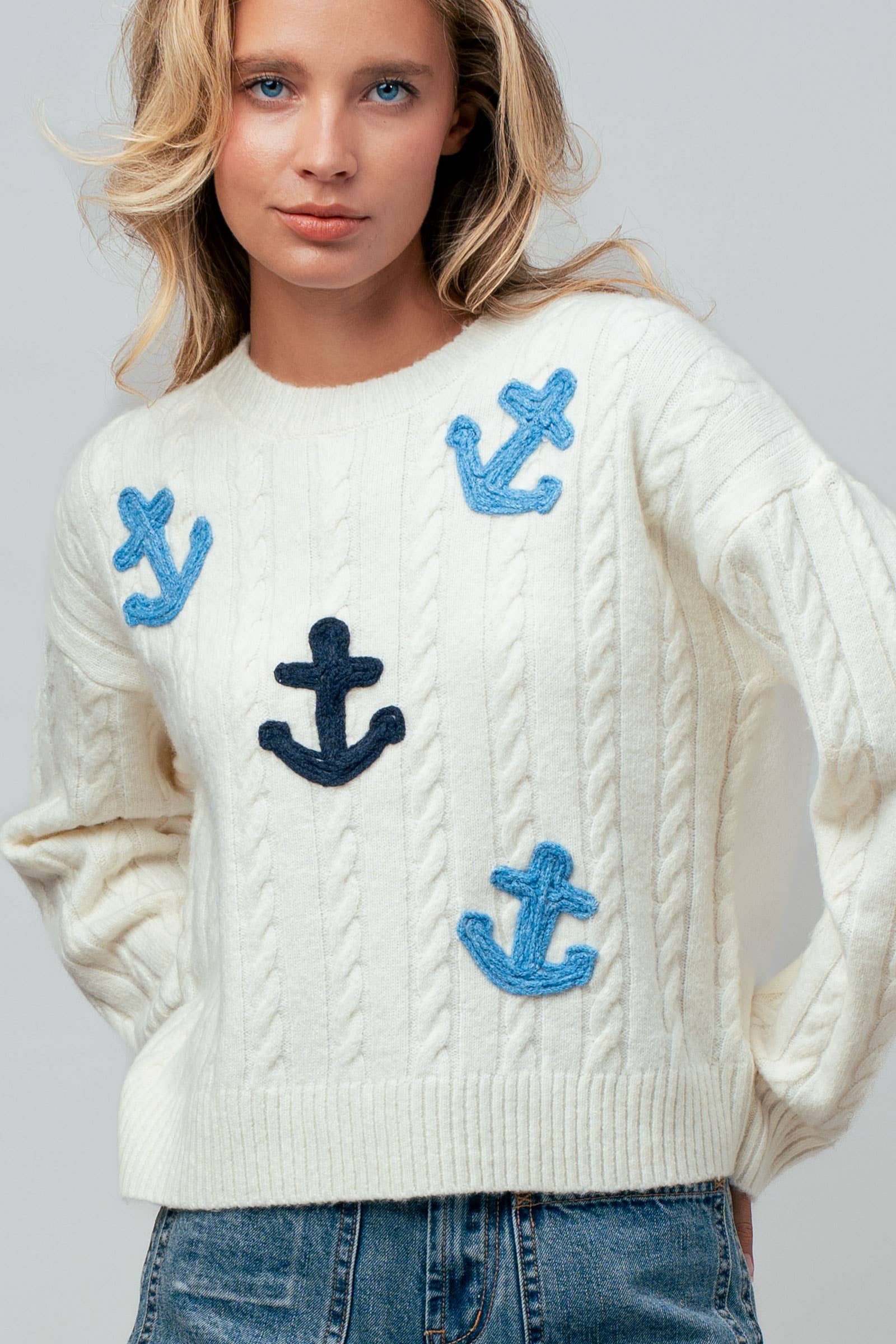 Nautical Anchor Applique Cable Knit Sweater