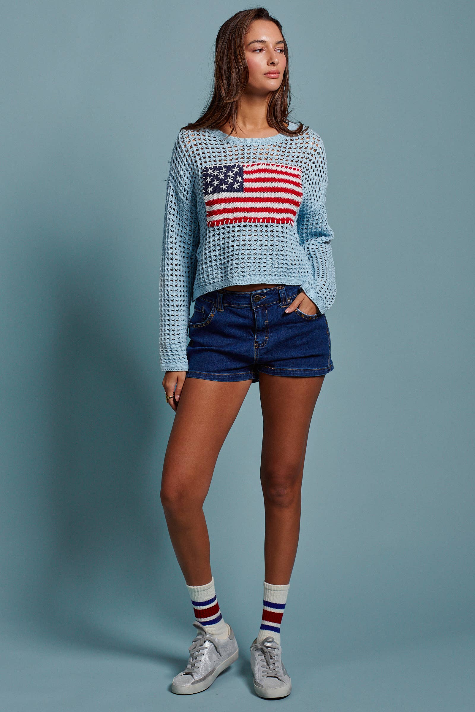 American Flag Patch Open Knit Cotton Sweater
