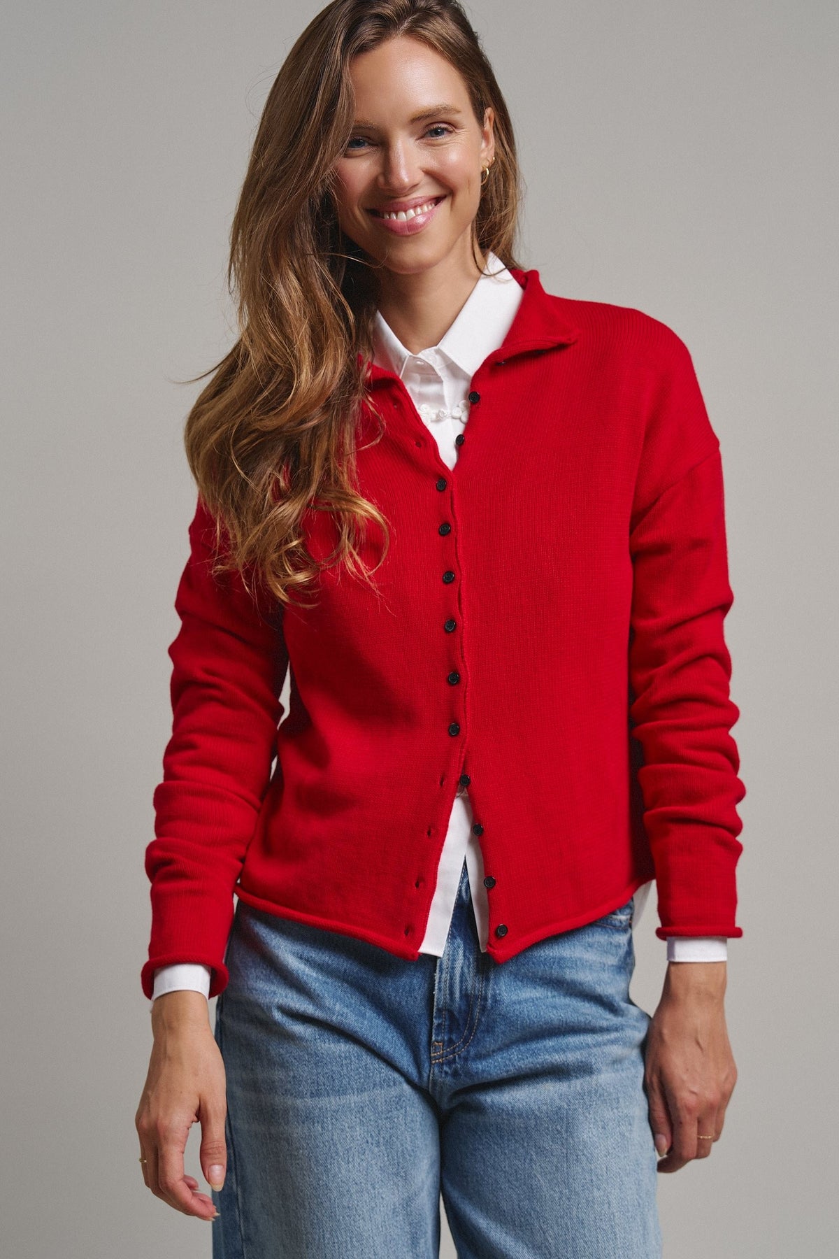 Striped Polo Collar Button Sweater with Rolled Edges in RED - Women's Cardigans & Shrugs | Urban Daizy