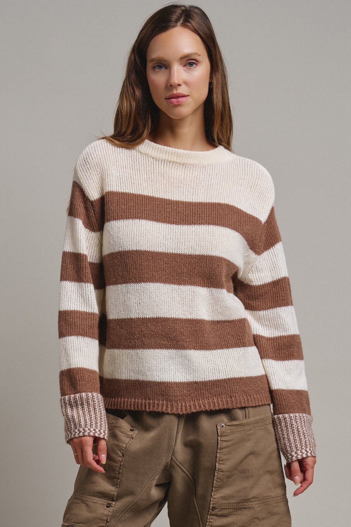 Striped Oversized Chunky Knit Sweater in BROWN - Women's Sweaters | Urban Daizy
