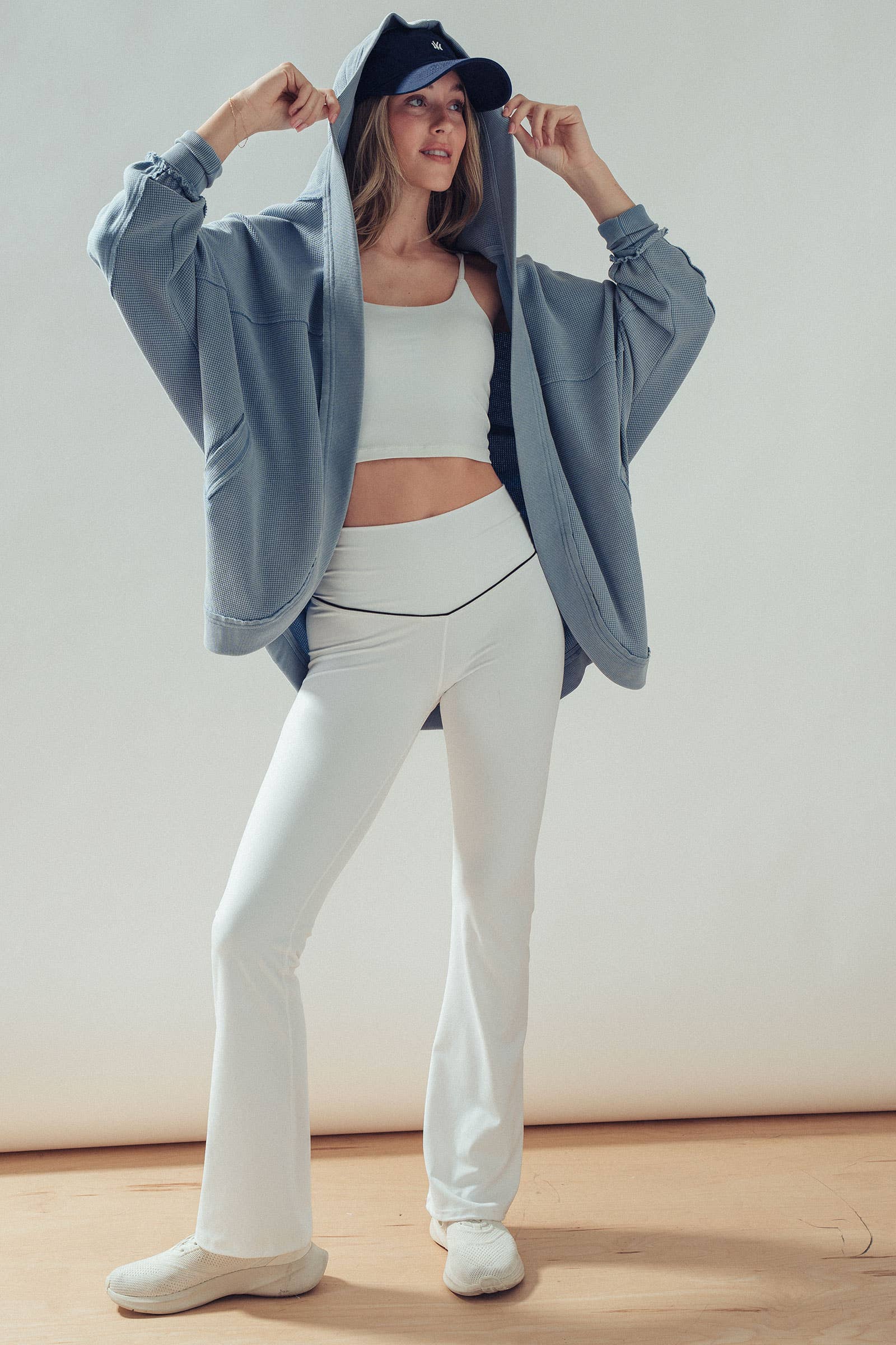 Washed Waffle Knit Hooded Cardigan