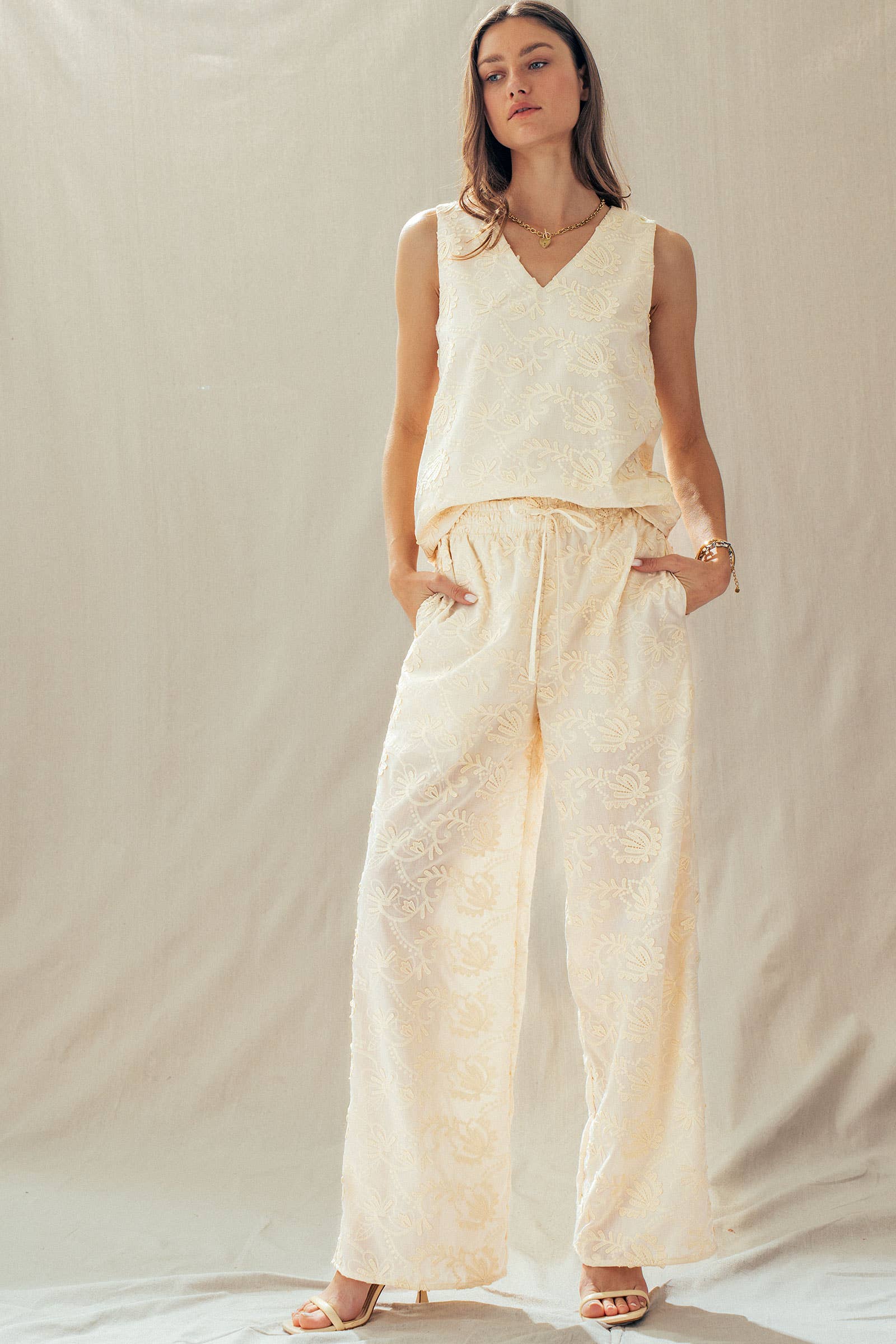 Floral Embroidered Cotton Top And Pant Set