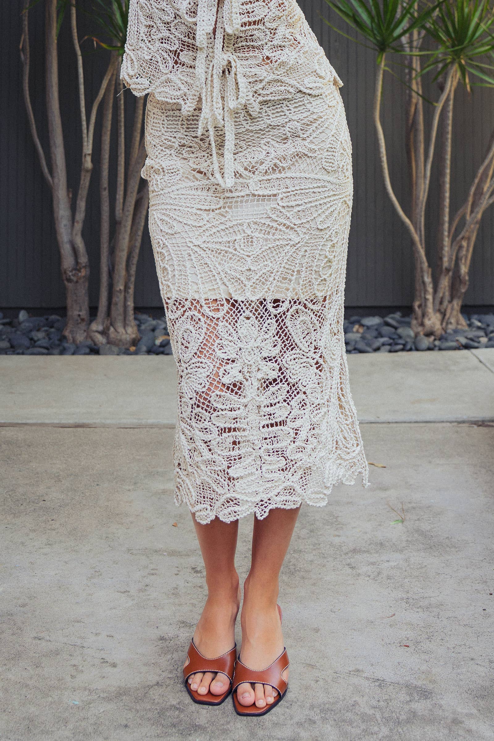 Open-Work Crochet Midi Skirt With Partial Lining