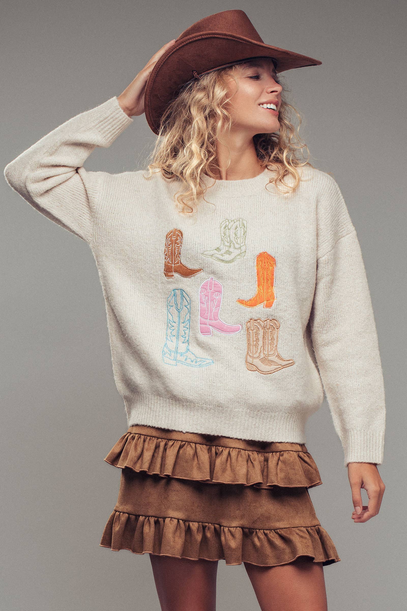 Western Embroidered Cowboy Boot Sweater