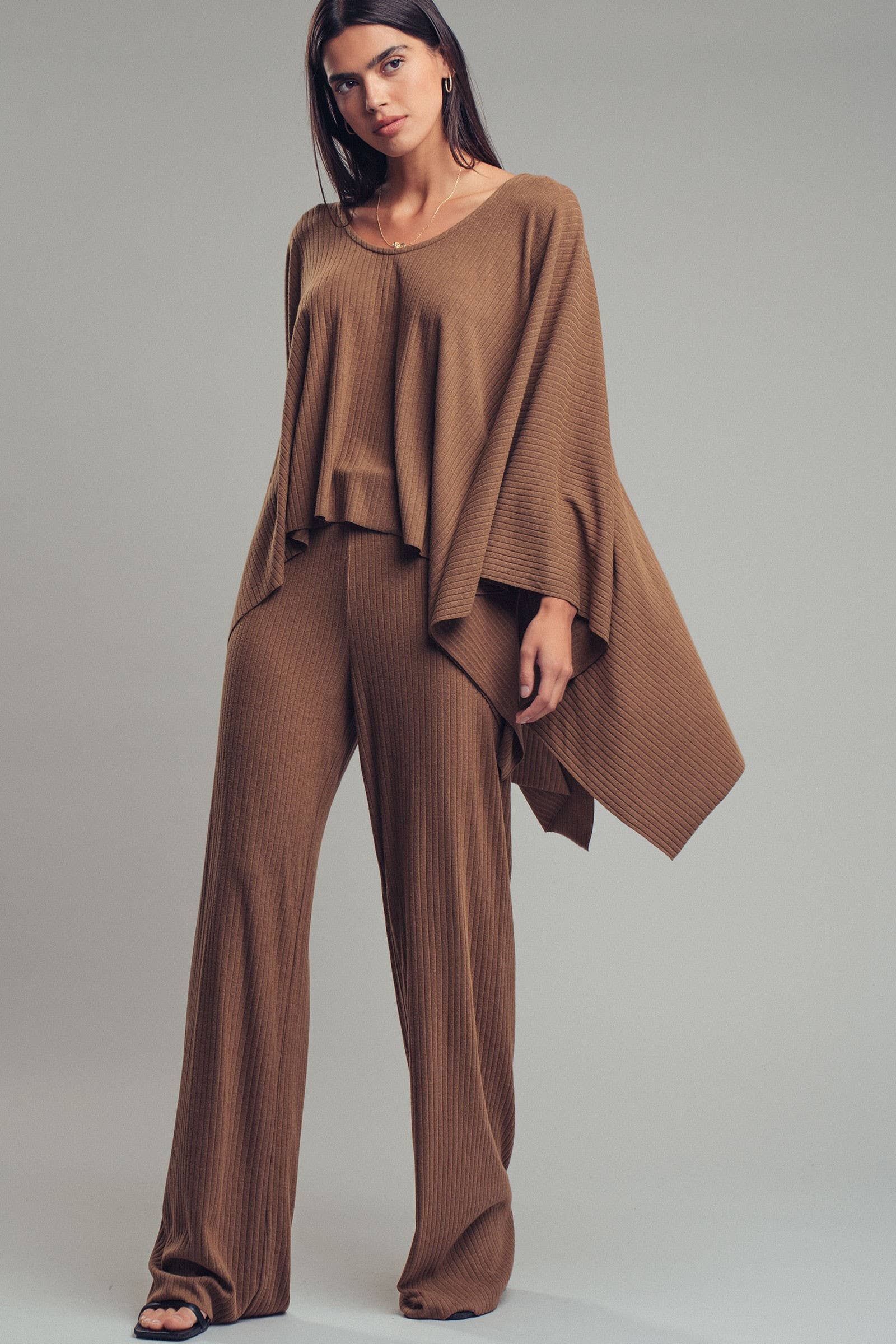 Ribbed Knit Poncho and Pants Set