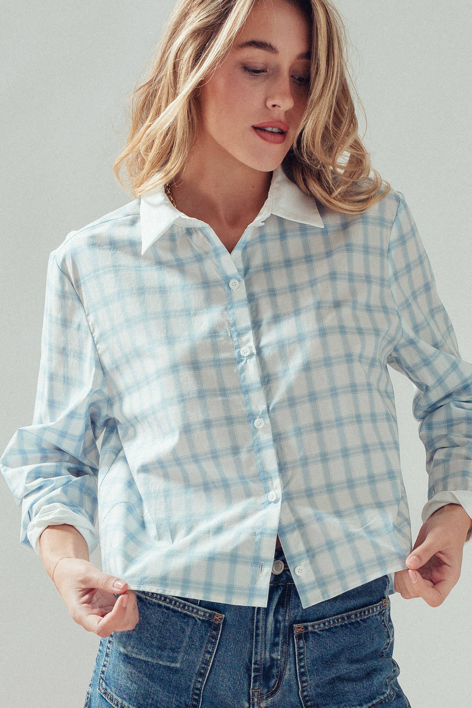 Urban Daizy Contrast Collar Plaid Button Front Shirt Blue Button Down Shirt - Women's (UDZ-TP-01003) – alternate view 3