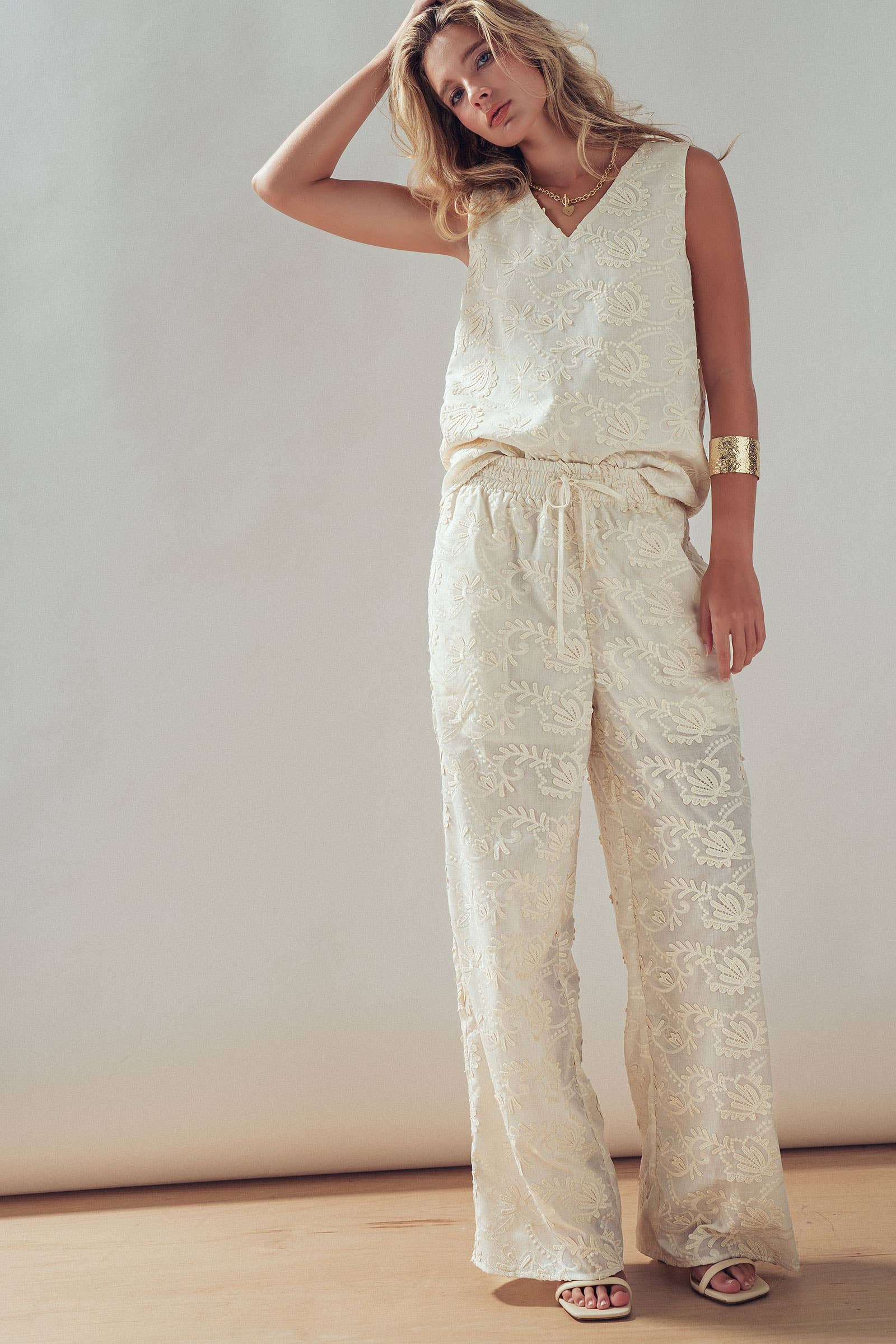 Floral Embroidered Cotton Top And Pant Set