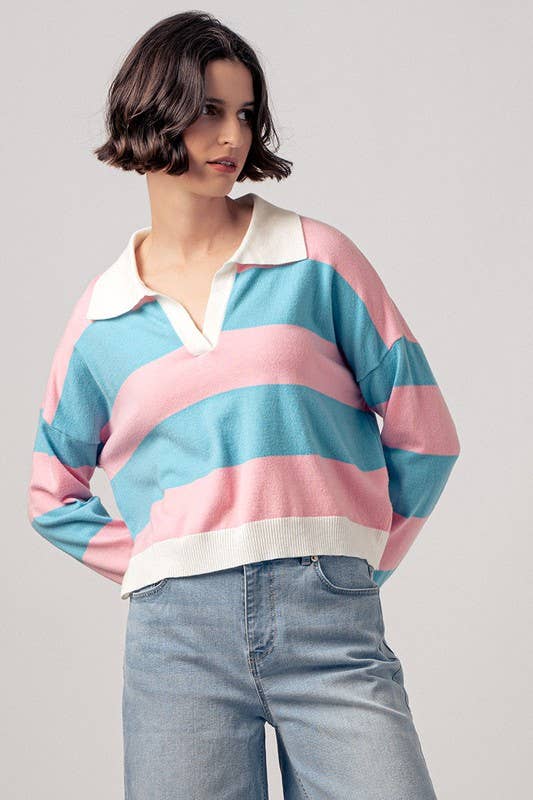 Preppy Striped Contrast Collar Cropped Rugby Long Sleeve Top