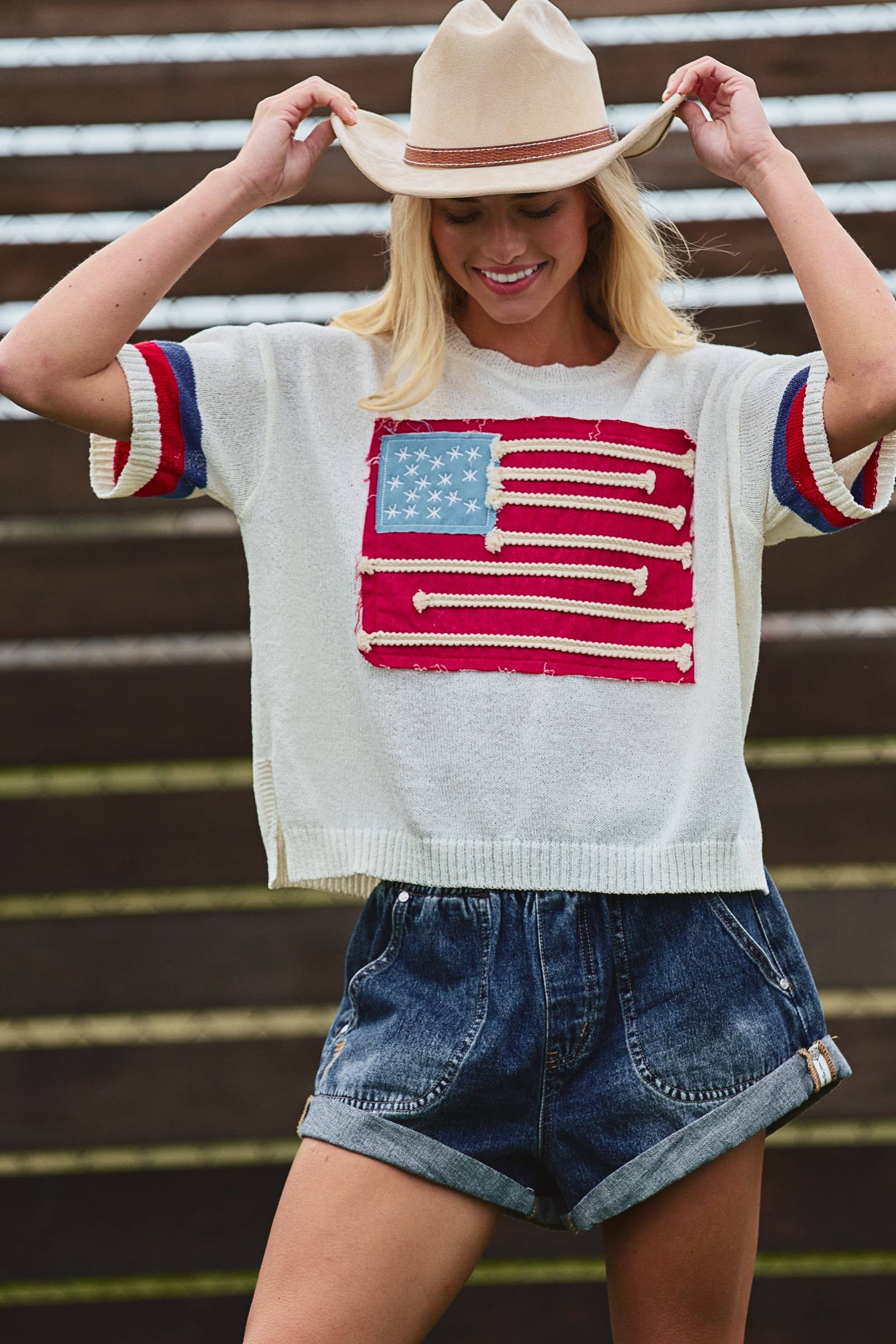 Flag Applique Knit Sweater with Stripe Cuffs